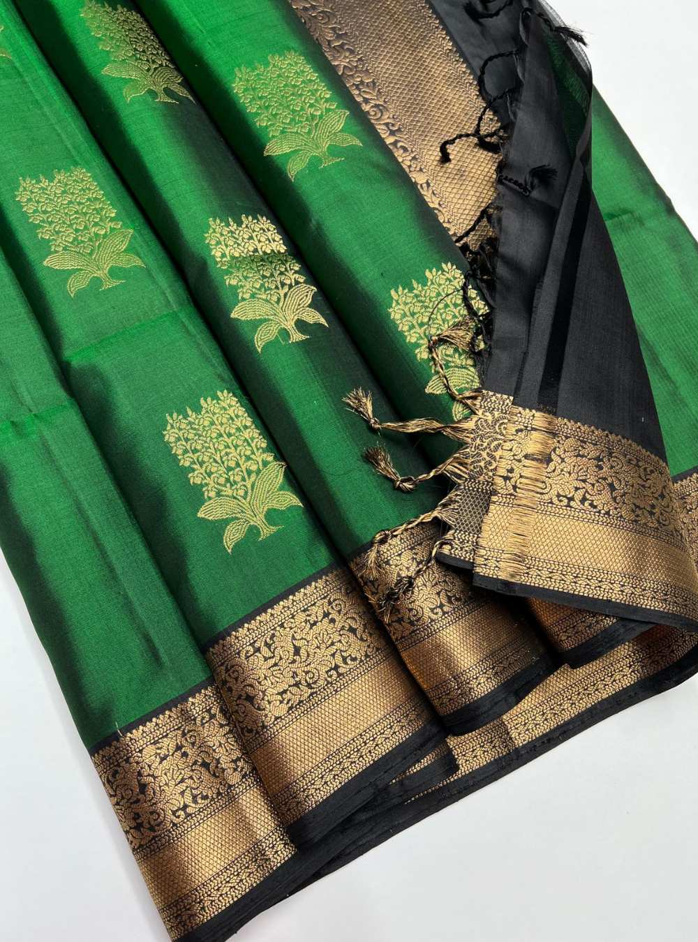 Bottle Green & Black - Soft Silk Saree