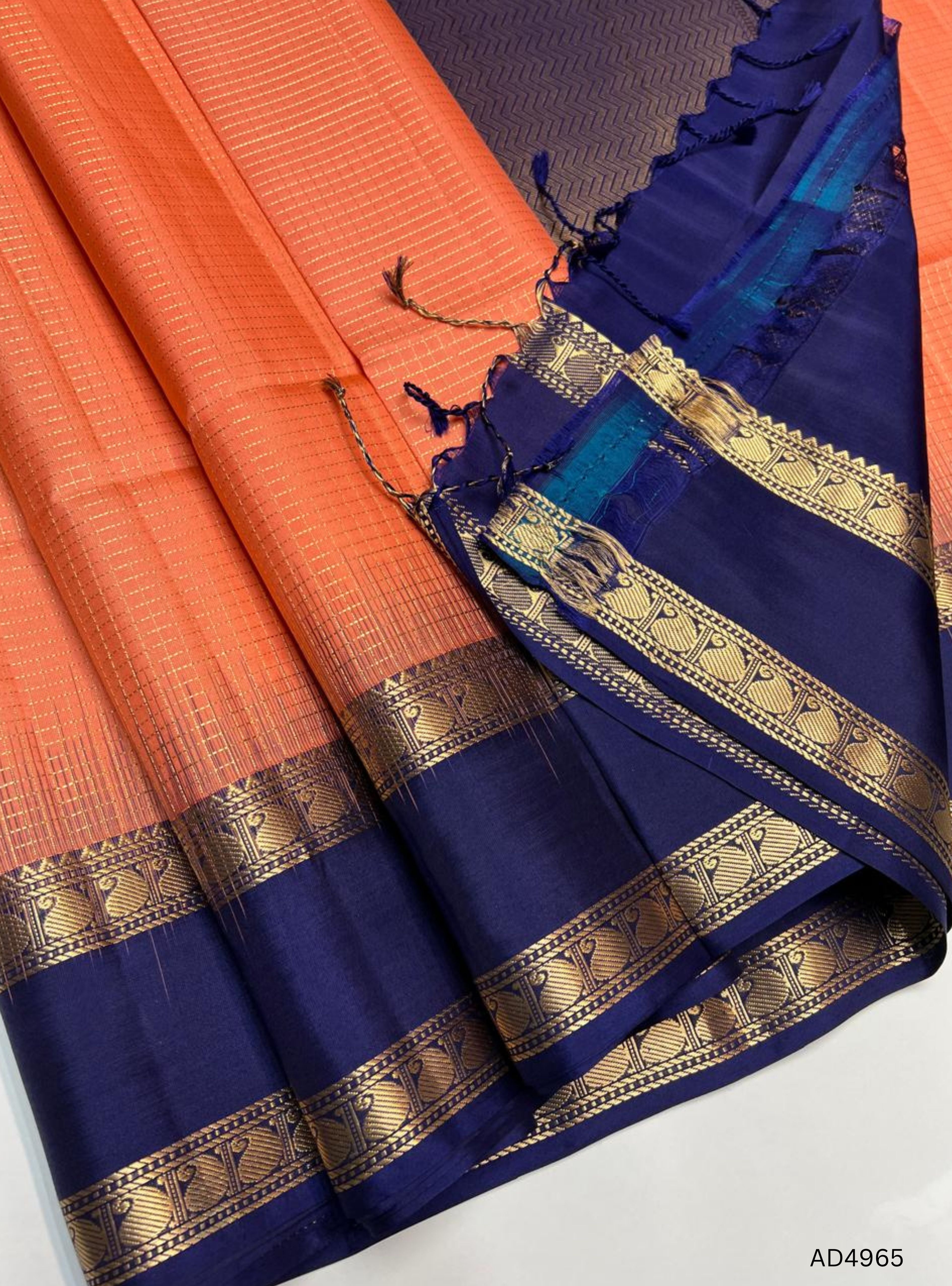 Peach & Ink Blue - Checkerd Retta Pet Soft Silk Saree