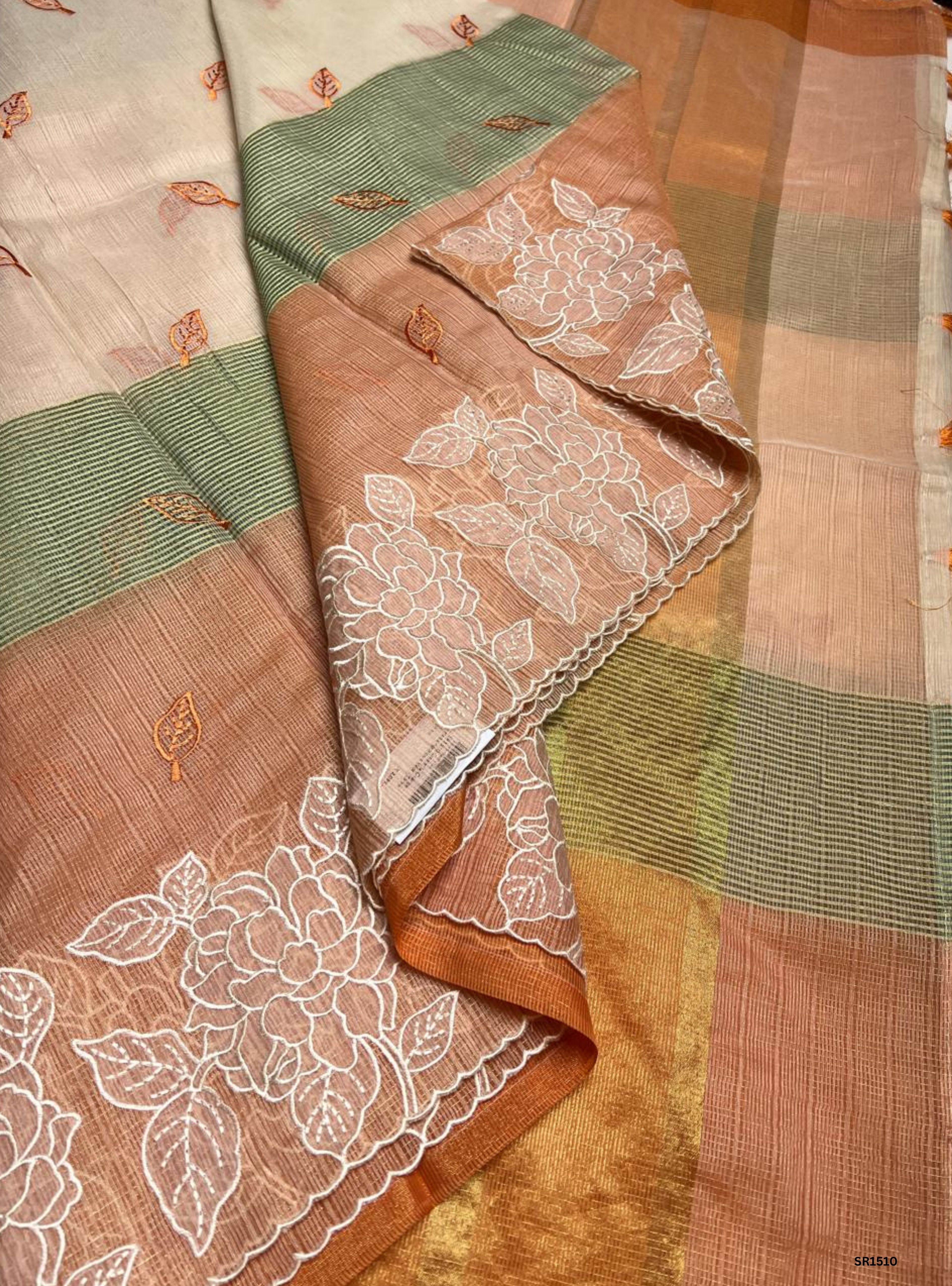 Cream & Orange - Kota Applique Work Saree