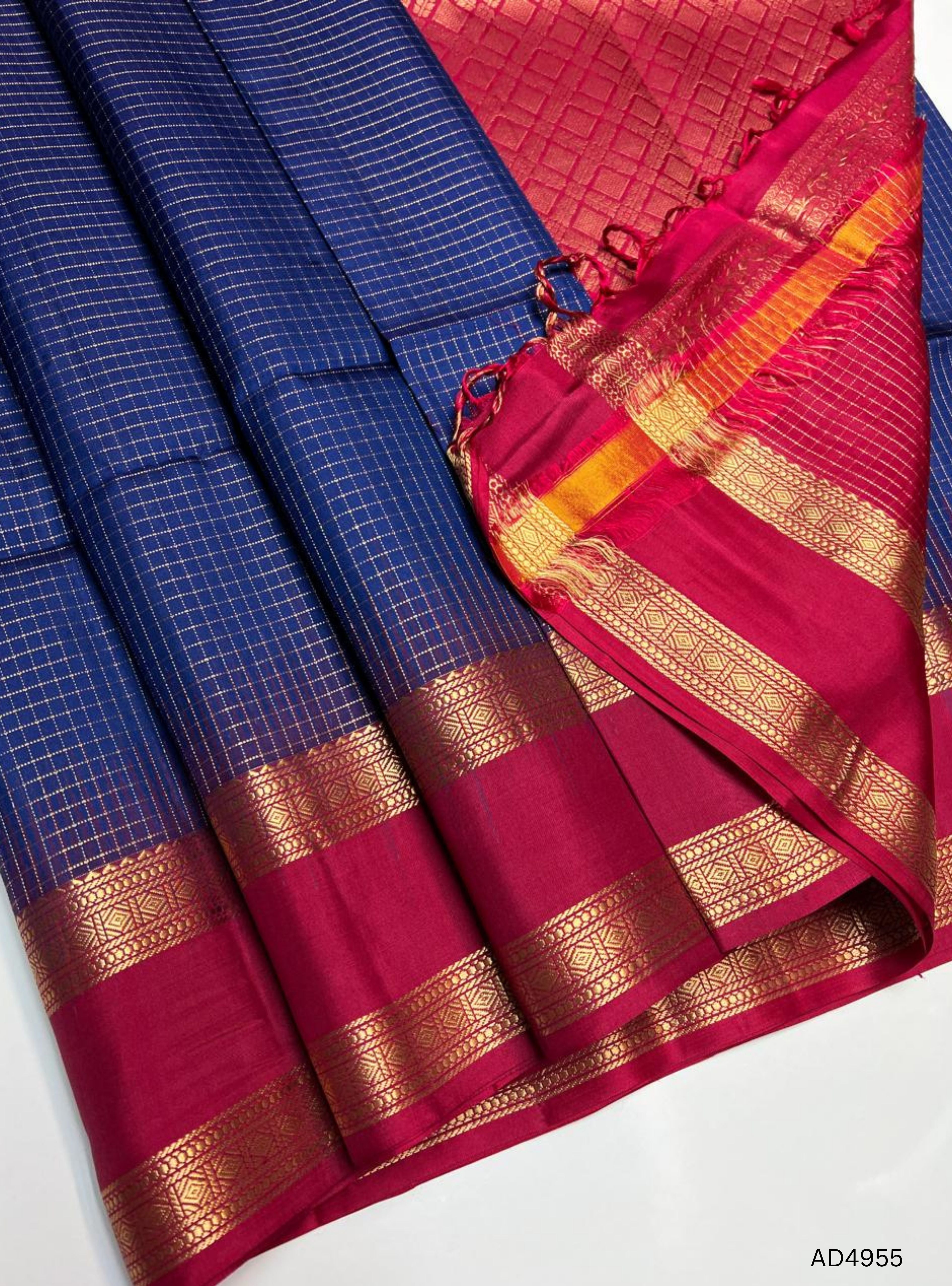 Ink Blue & Red - Retta Pet Soft Silk Saree
