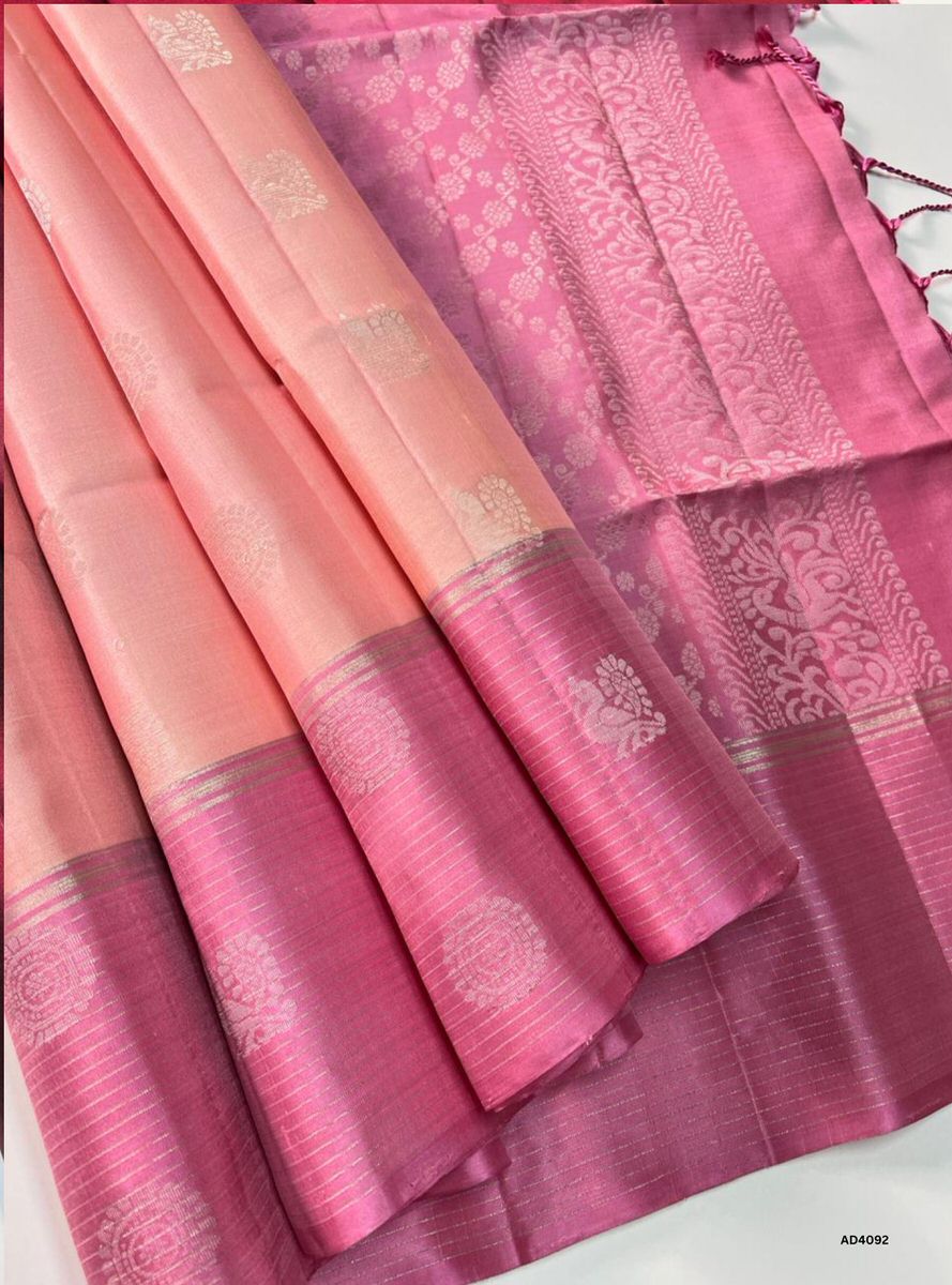 Cream Pink & Pink - Soft Silk Saree