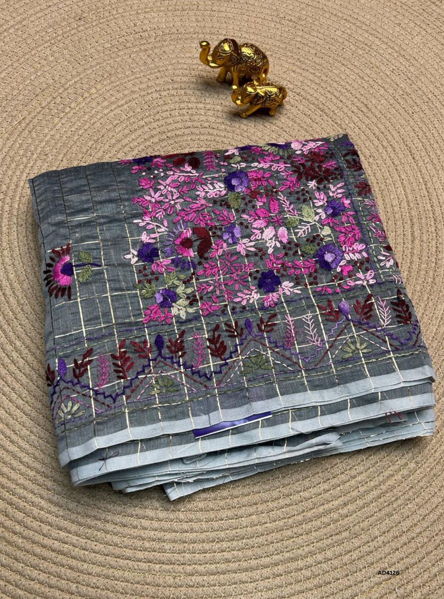 Grey - Zari Checks Linen French Knot Saree
