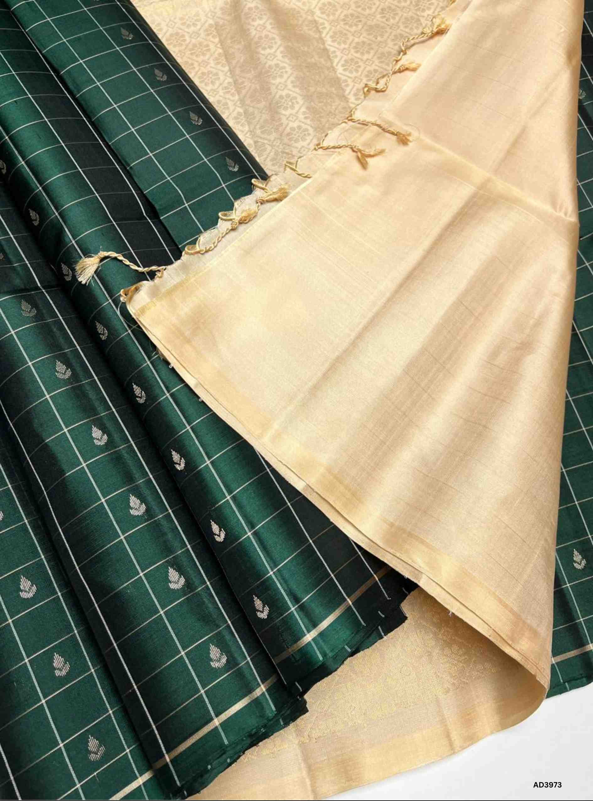 Dark Green & Cream - Checkered Soft Silk Saree