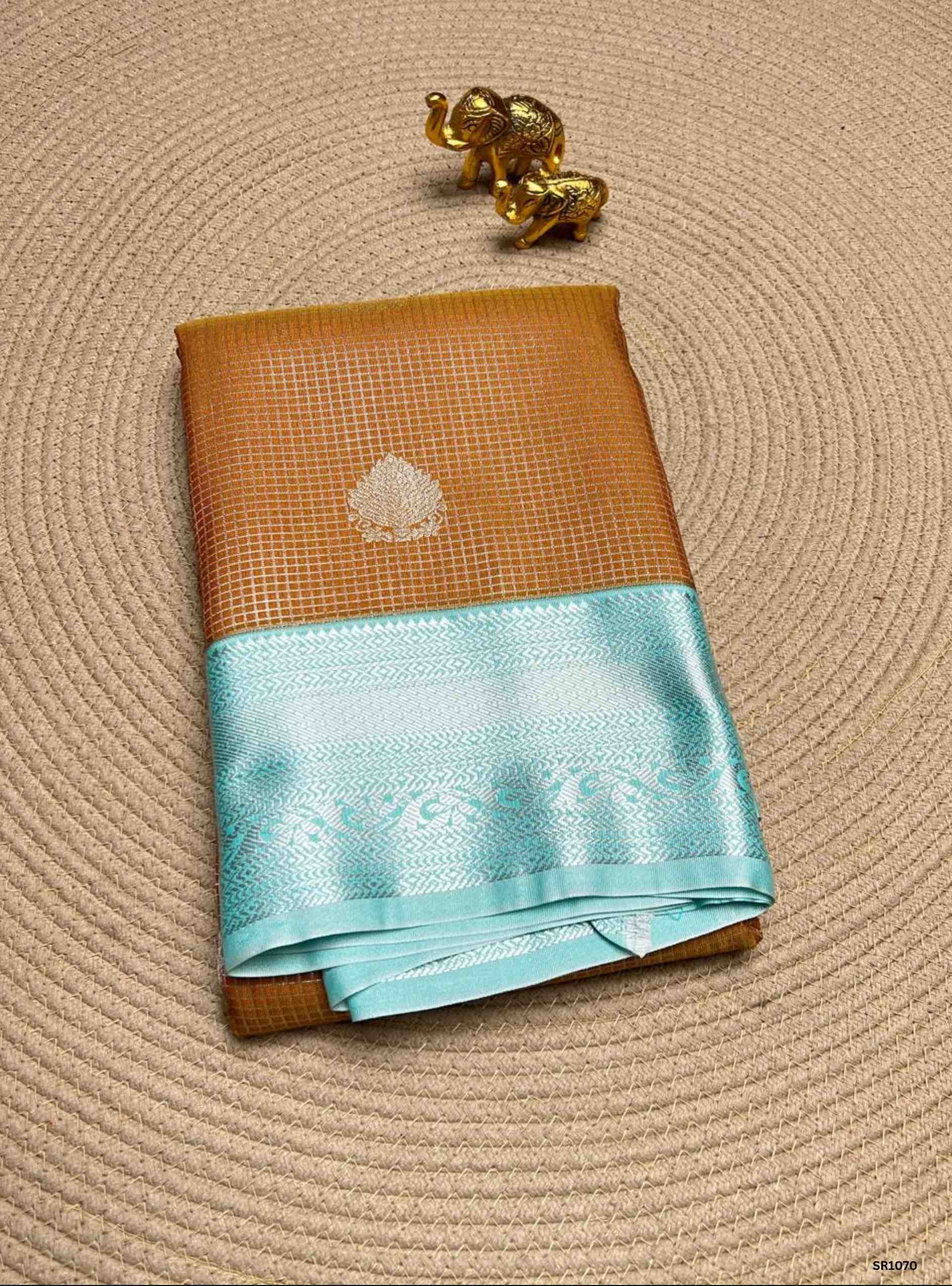 Burnt Orange & Ice Blue - Vegan Silk Saree