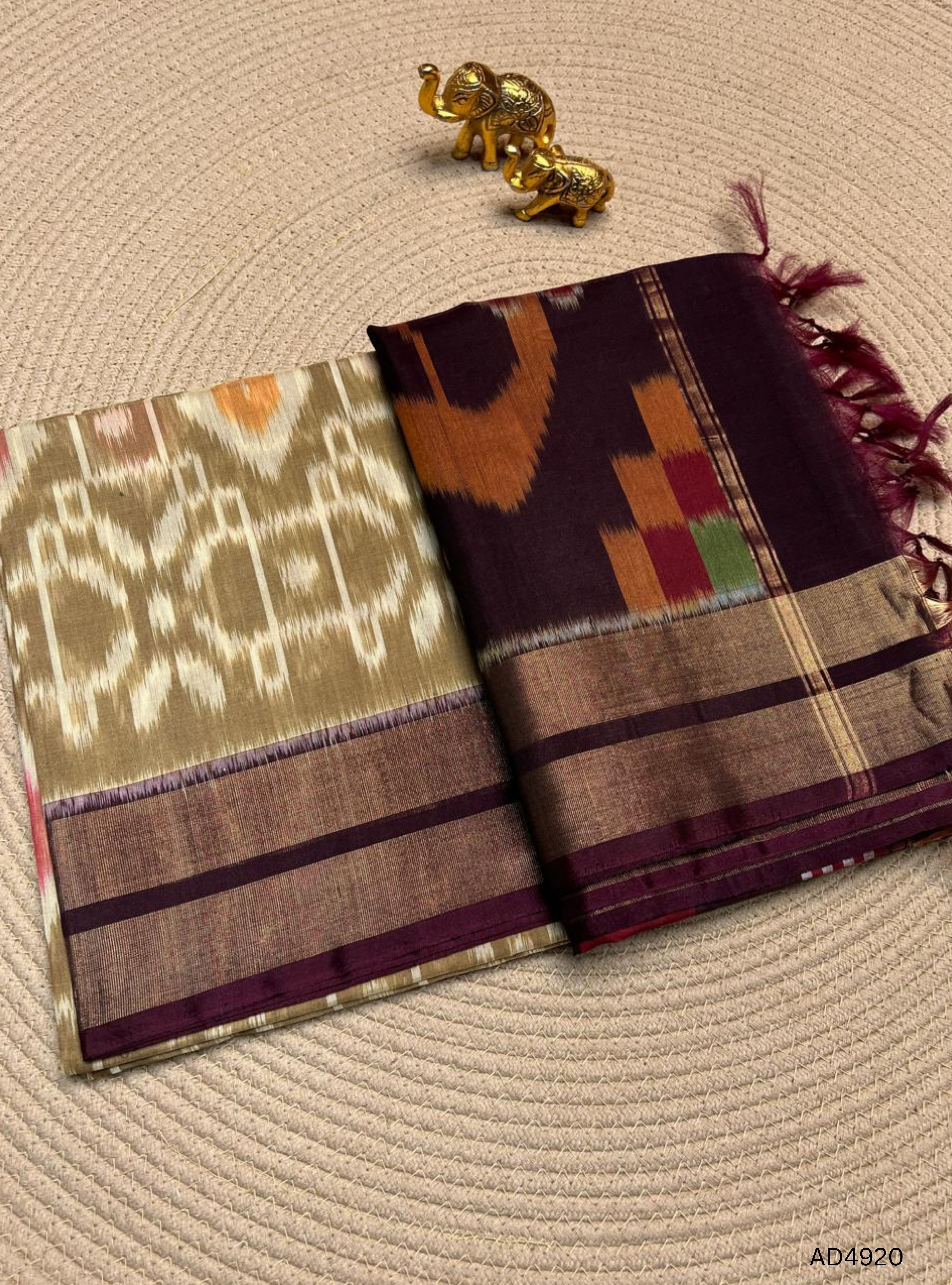 Brown , Pink & White - Ikkat Kora Cotton Saree