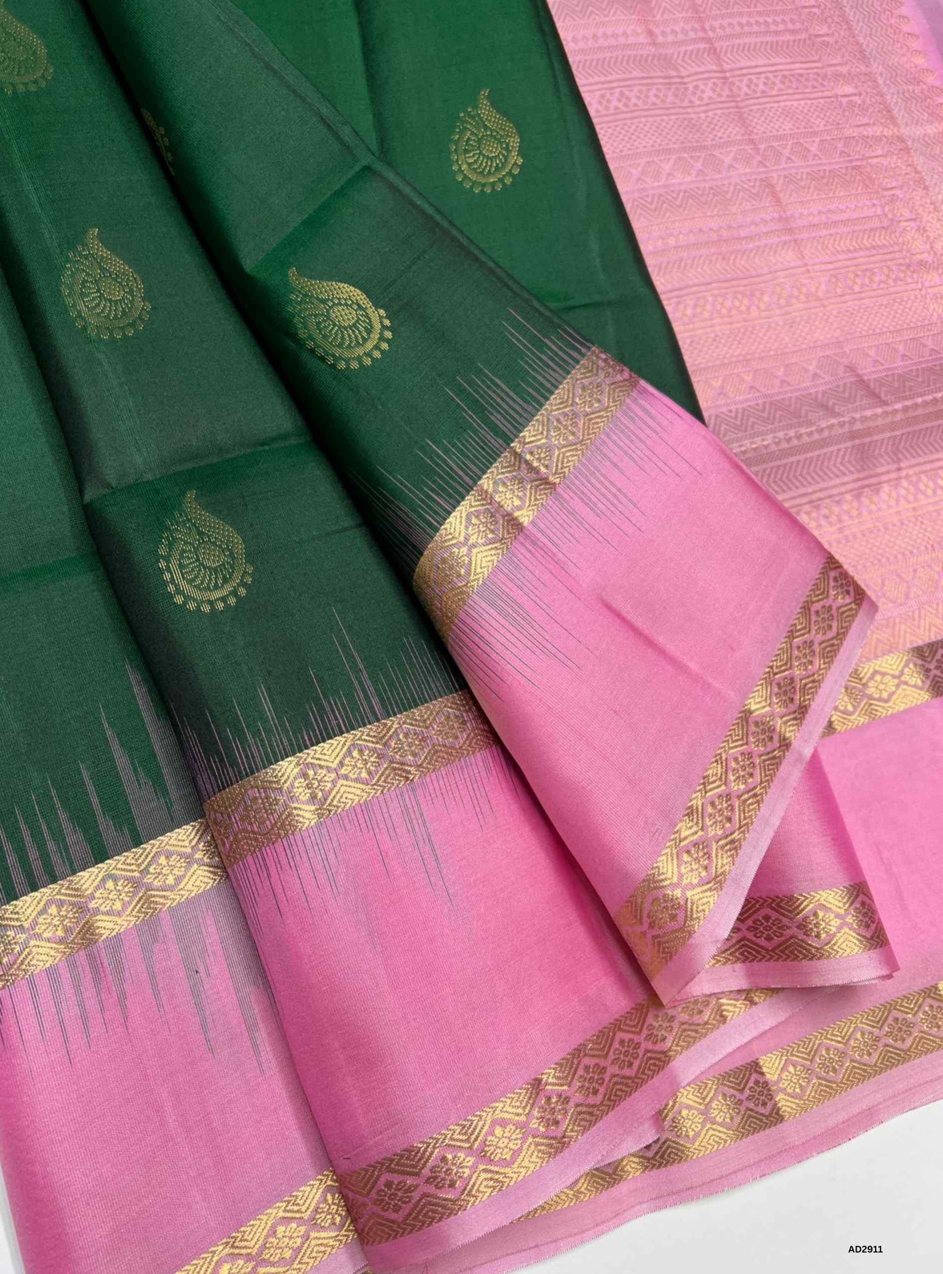 Bottle Green & Lotus Pink - Soft Silk Saree