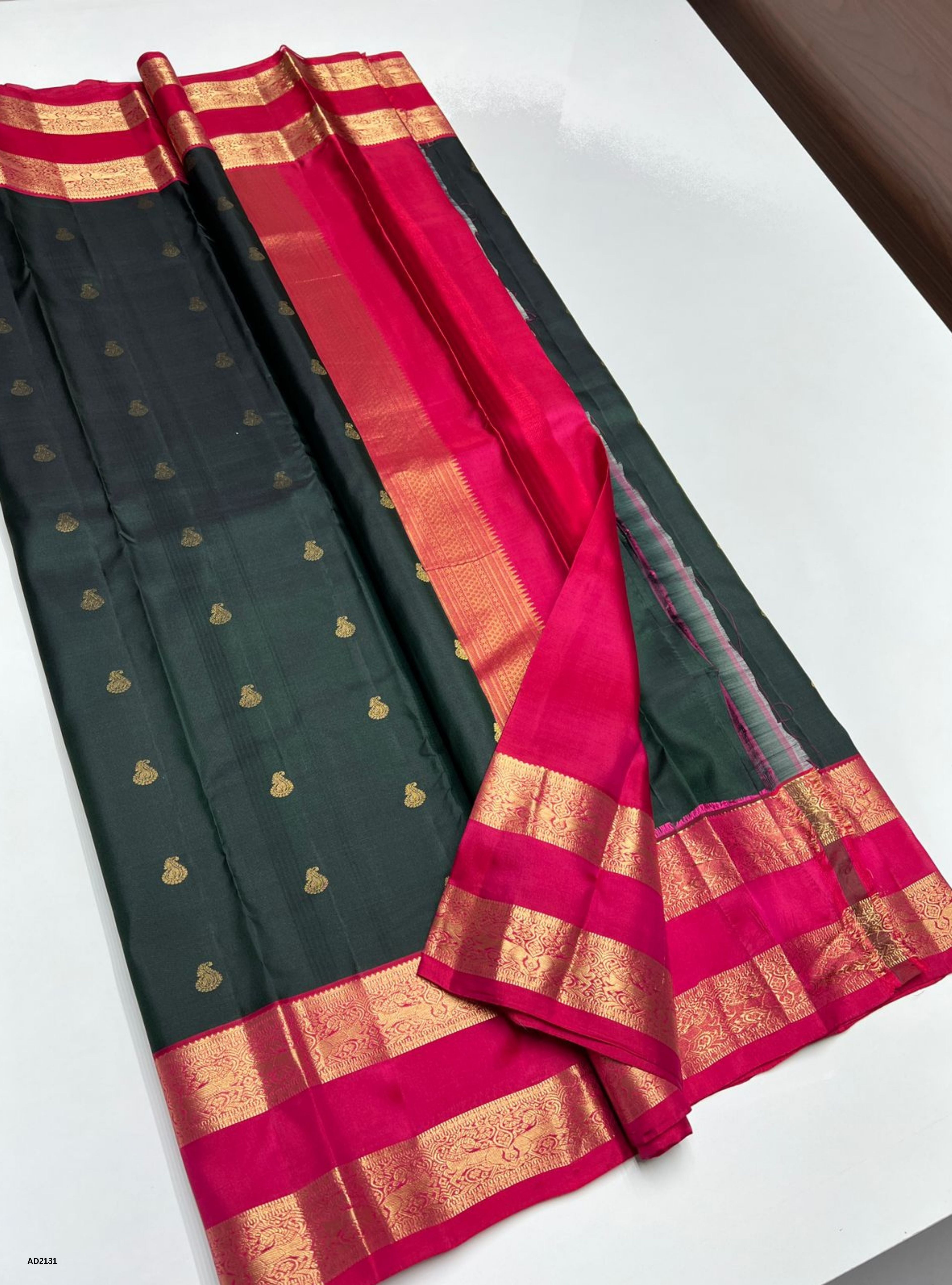 Dark Green & Pink - Soft Silk Saree