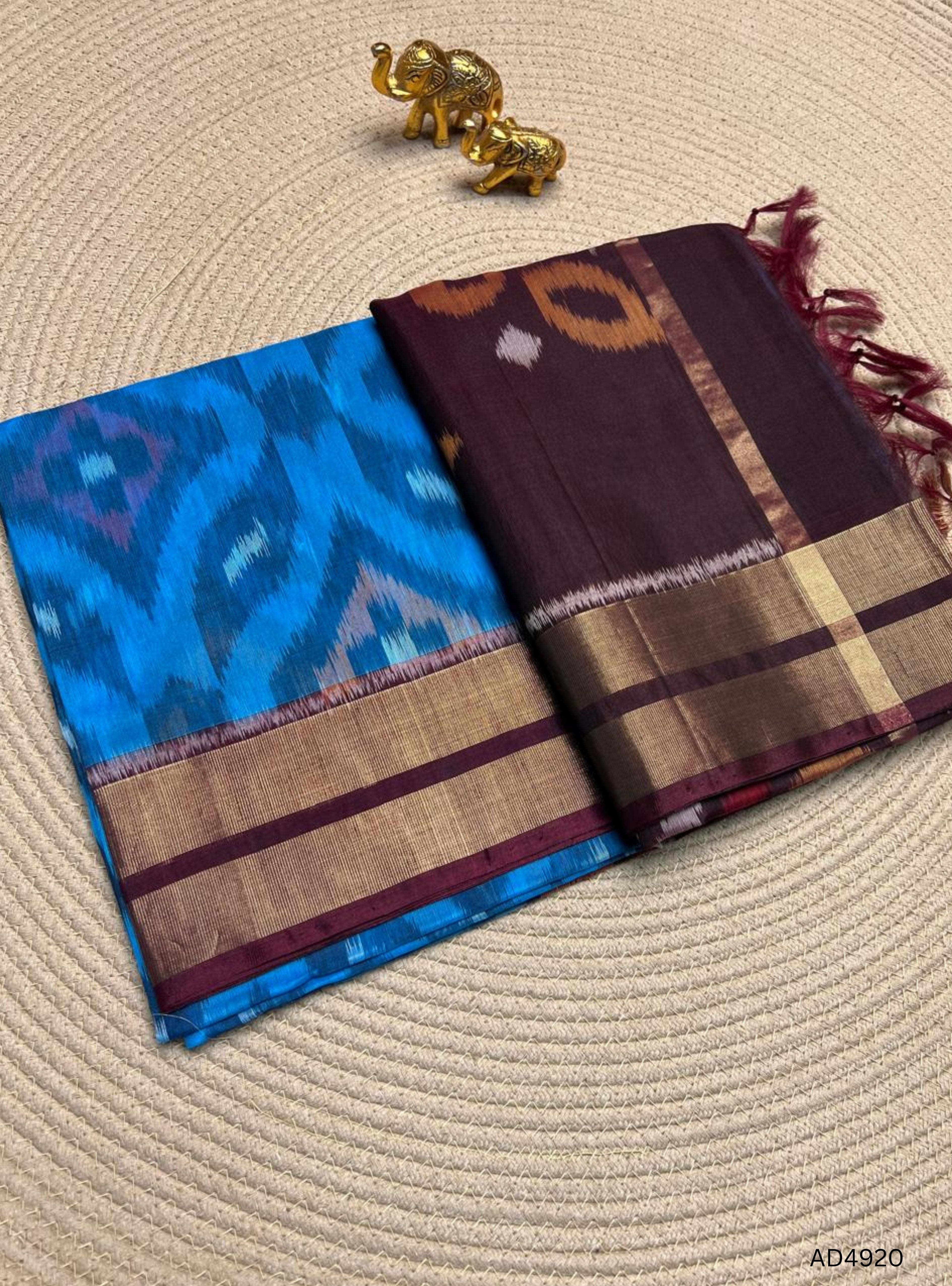 Blue , Black & Wine - Ikkat Kora Cotton Saree
