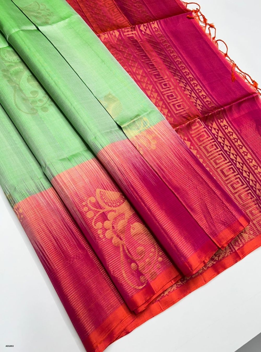 Pista Green & Orangish Pink - Soft Silk Saree