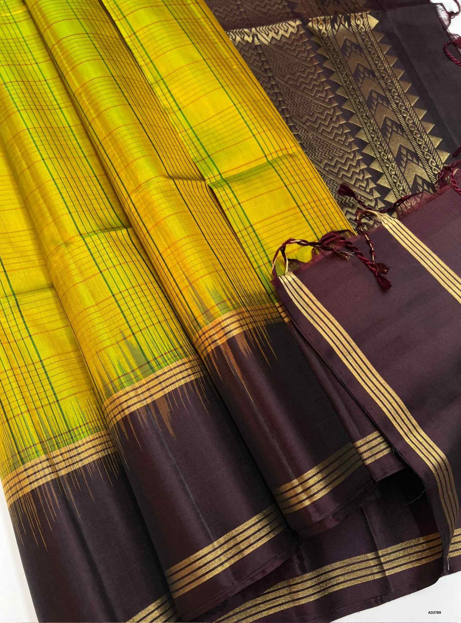 Lime Yellow & Coffee Brown - Soft Silk Saree