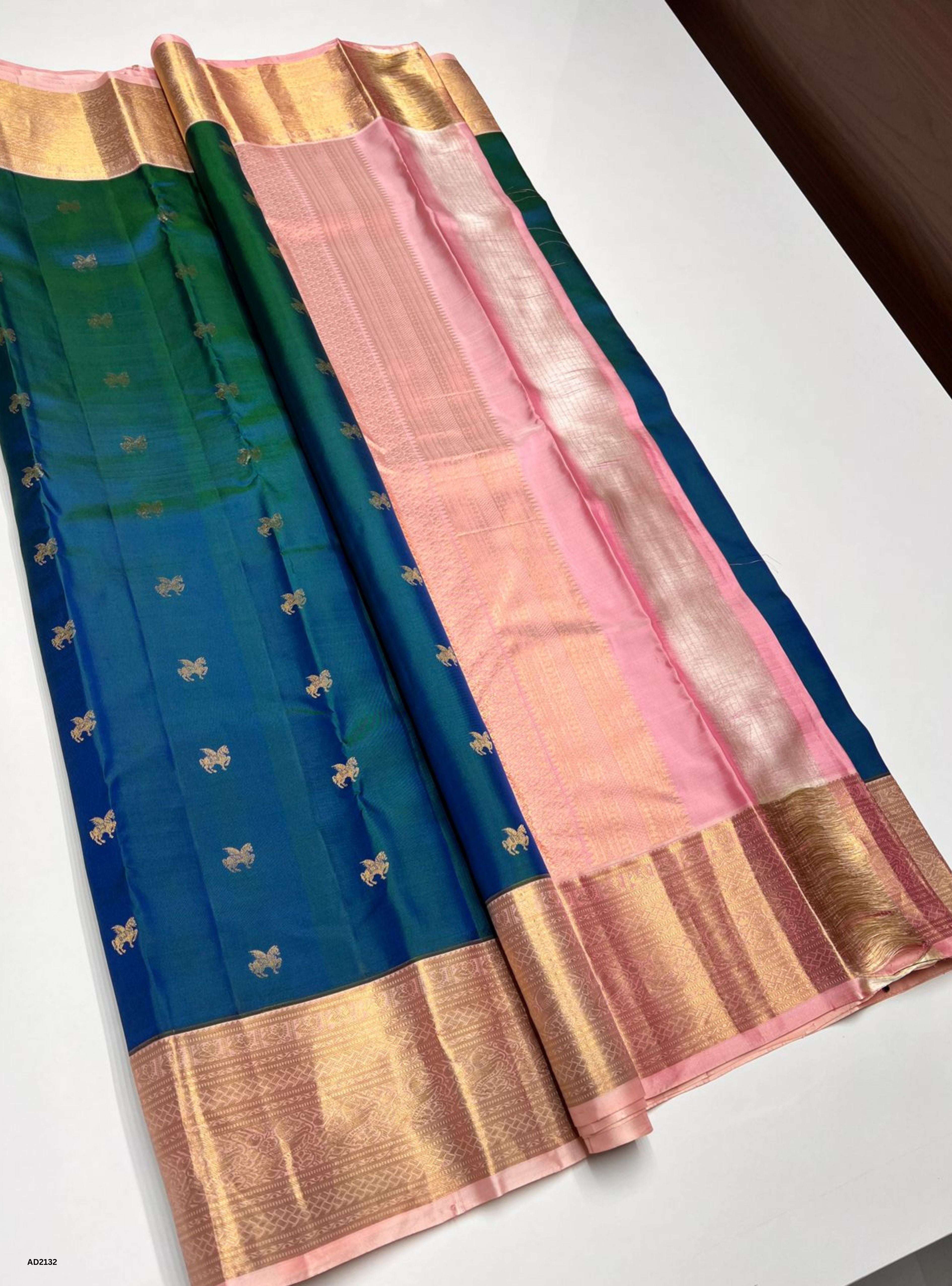 Peacock Blue & Cream - Soft Silk Saree