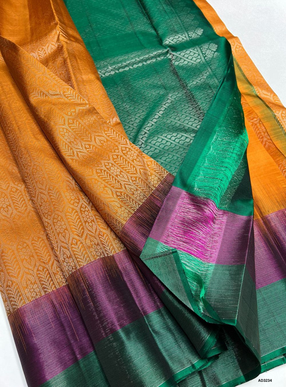Orange, Plum & Green - Soft Silk Saree