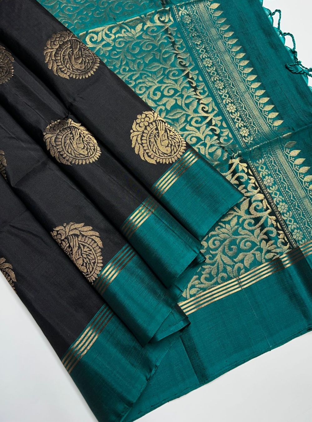 Black & Teal Green - Soft Silk Saree
