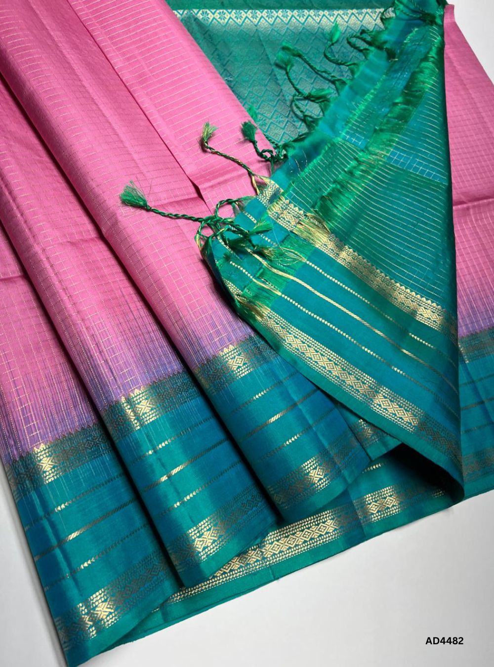 Pink & Aqua Green - Checkerd Retta Pett Saree