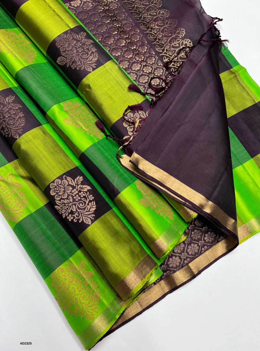 Green & Dark Plum - Soft Silk Saree
