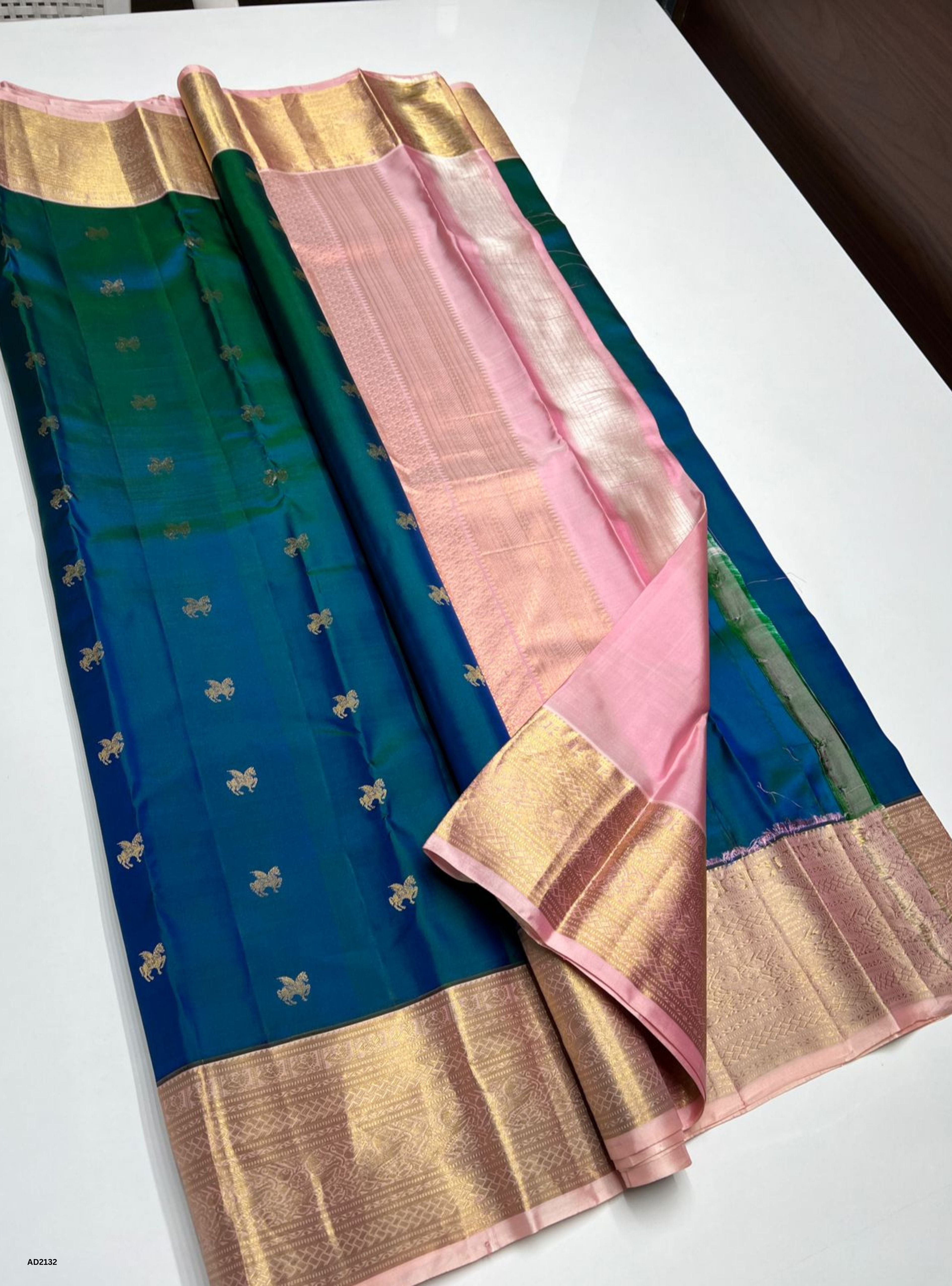 Peacock Blue & Cream - Soft Silk Saree