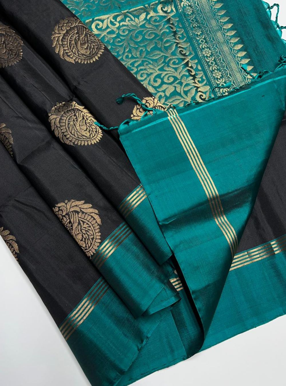 Black & Teal Green - Soft Silk Saree
