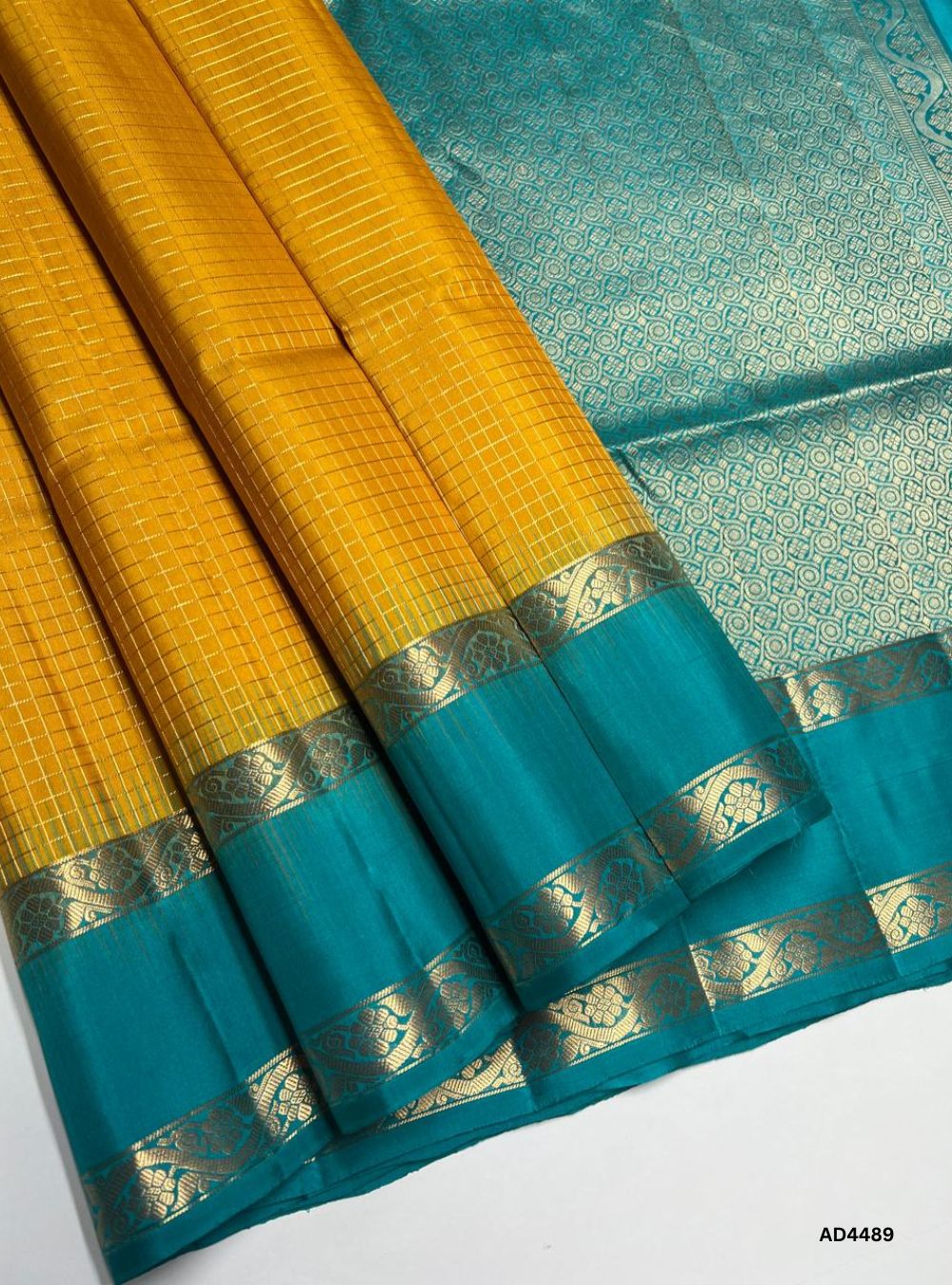 Yellow & Rama Blue - Checkerd Retta Pett Saree