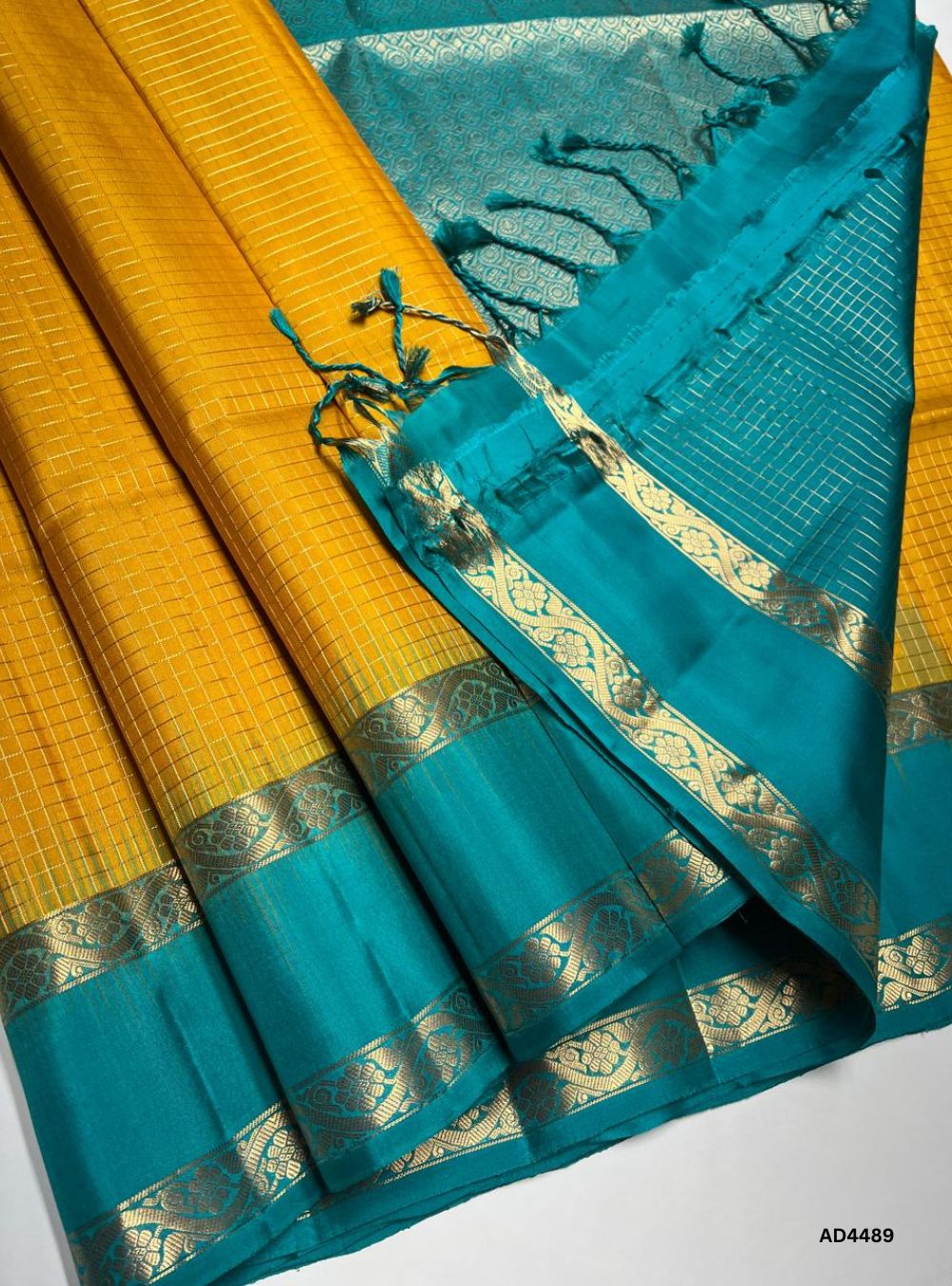 Yellow & Rama Blue - Checkerd Retta Pett Saree