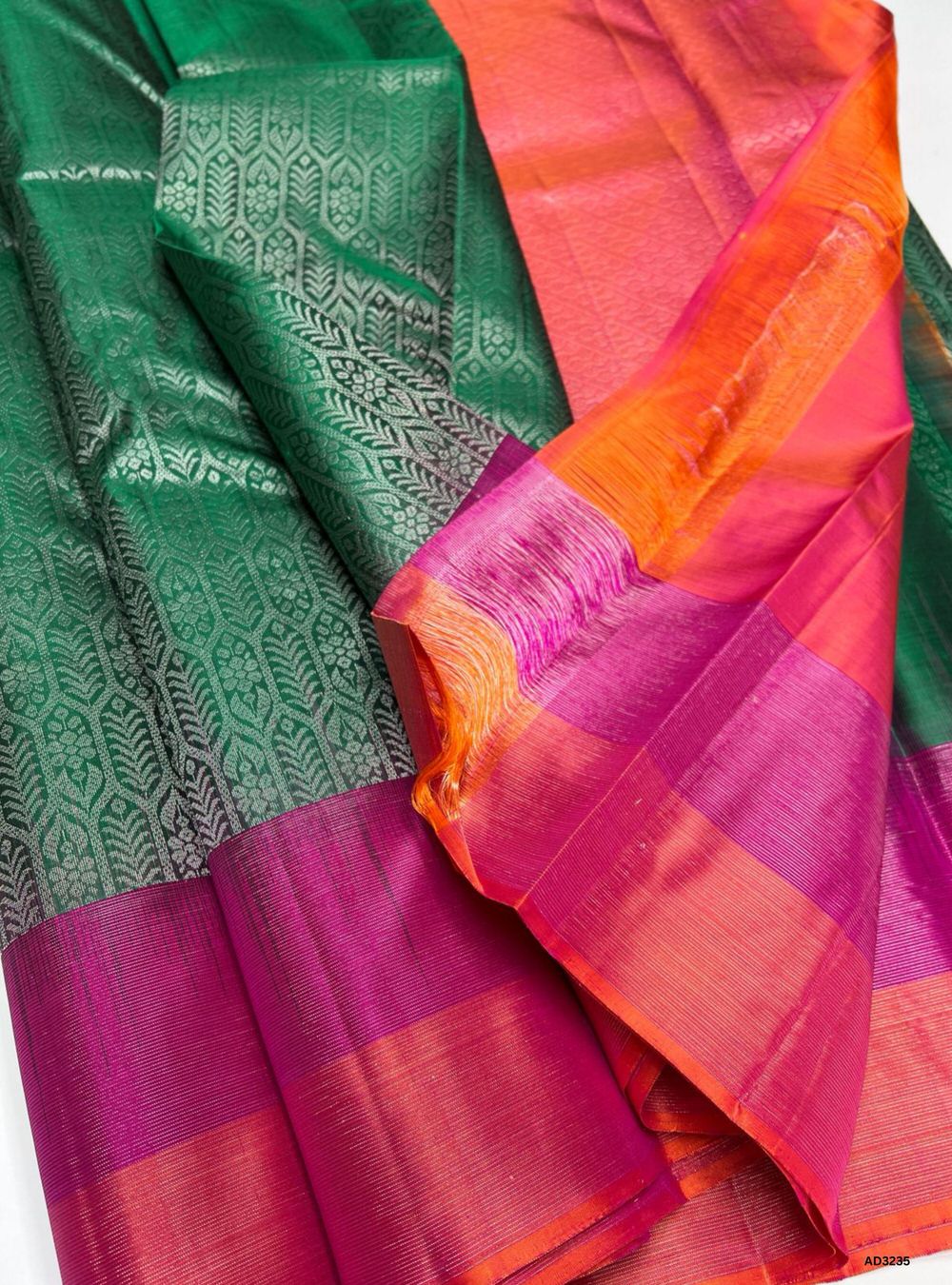 Dark Green, Pink & Orange - Soft Silk Saree