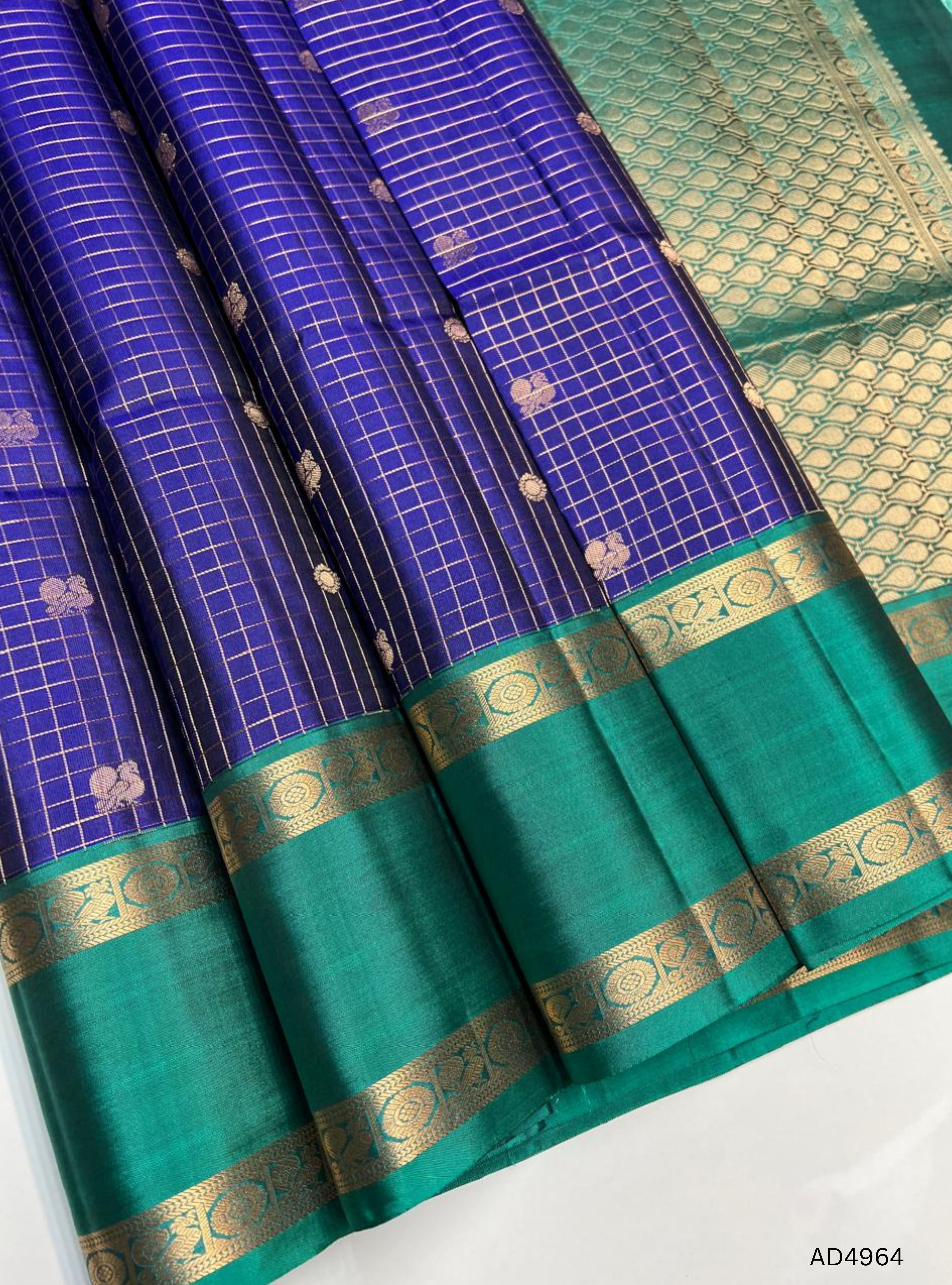 Blue & Rama Green - Checkerd Retta Pet Soft Silk Saree