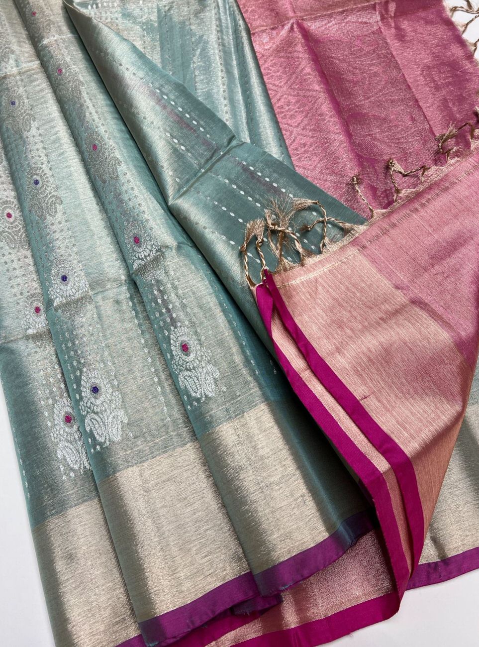 Pastel Green & Pink - Tissue Uppada Saree