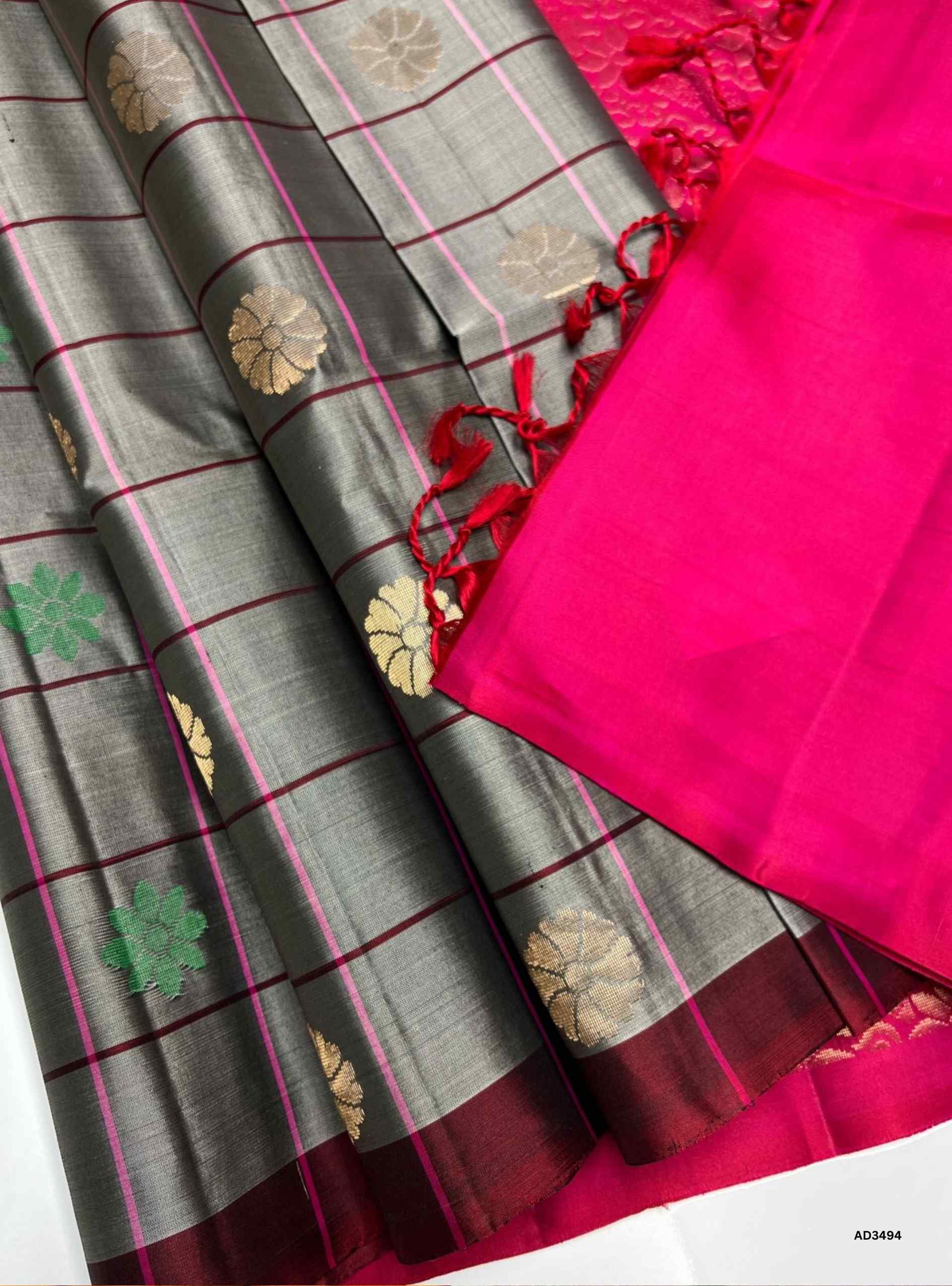 Grey & Pinkish Red - Soft Silk Saree