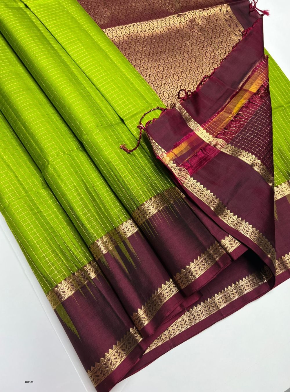 Parrot Green & Maroon - Soft Silk Saree