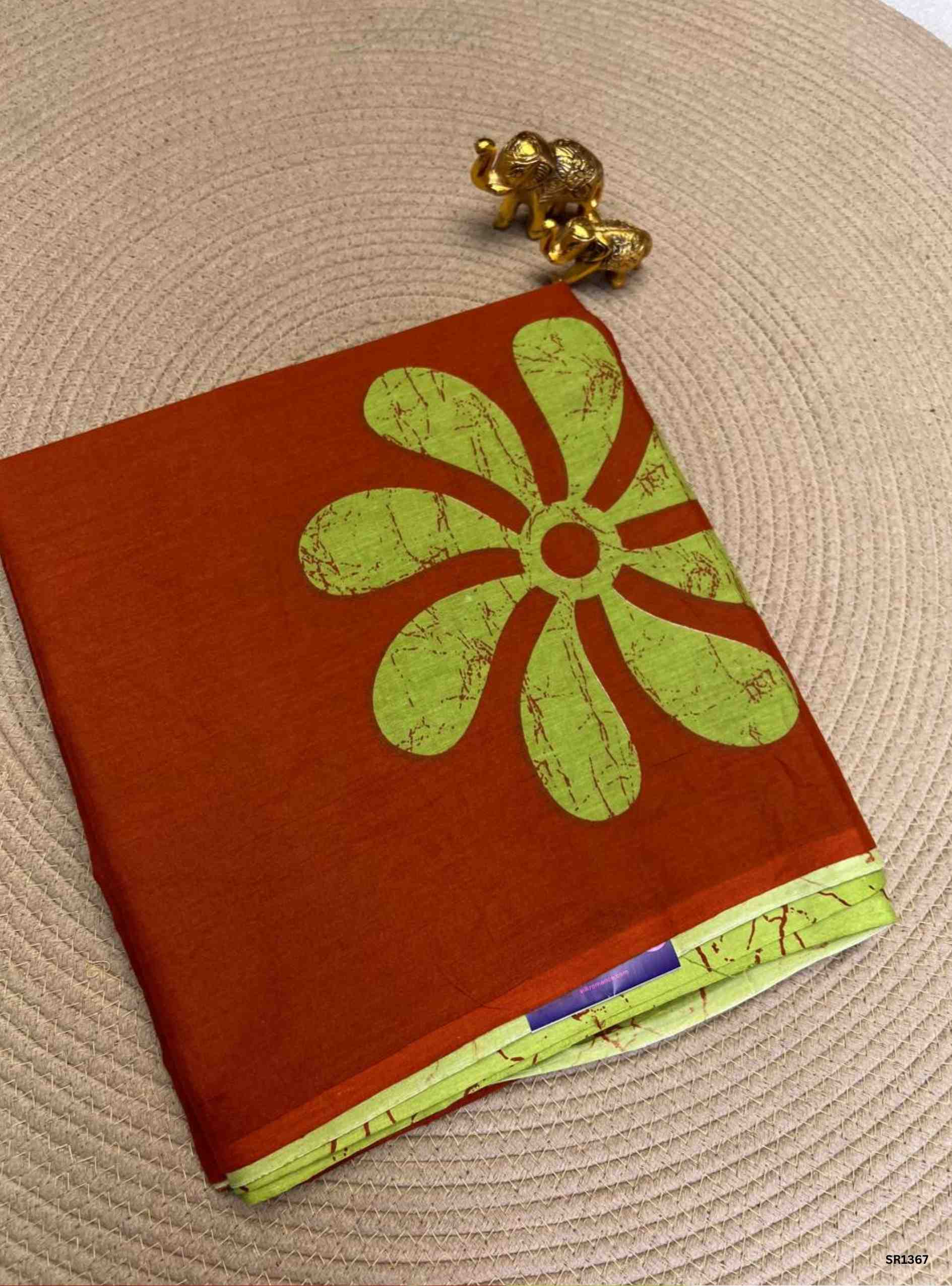 Rust Orange & Green - Half and Half Mulmul Cotton Sarees