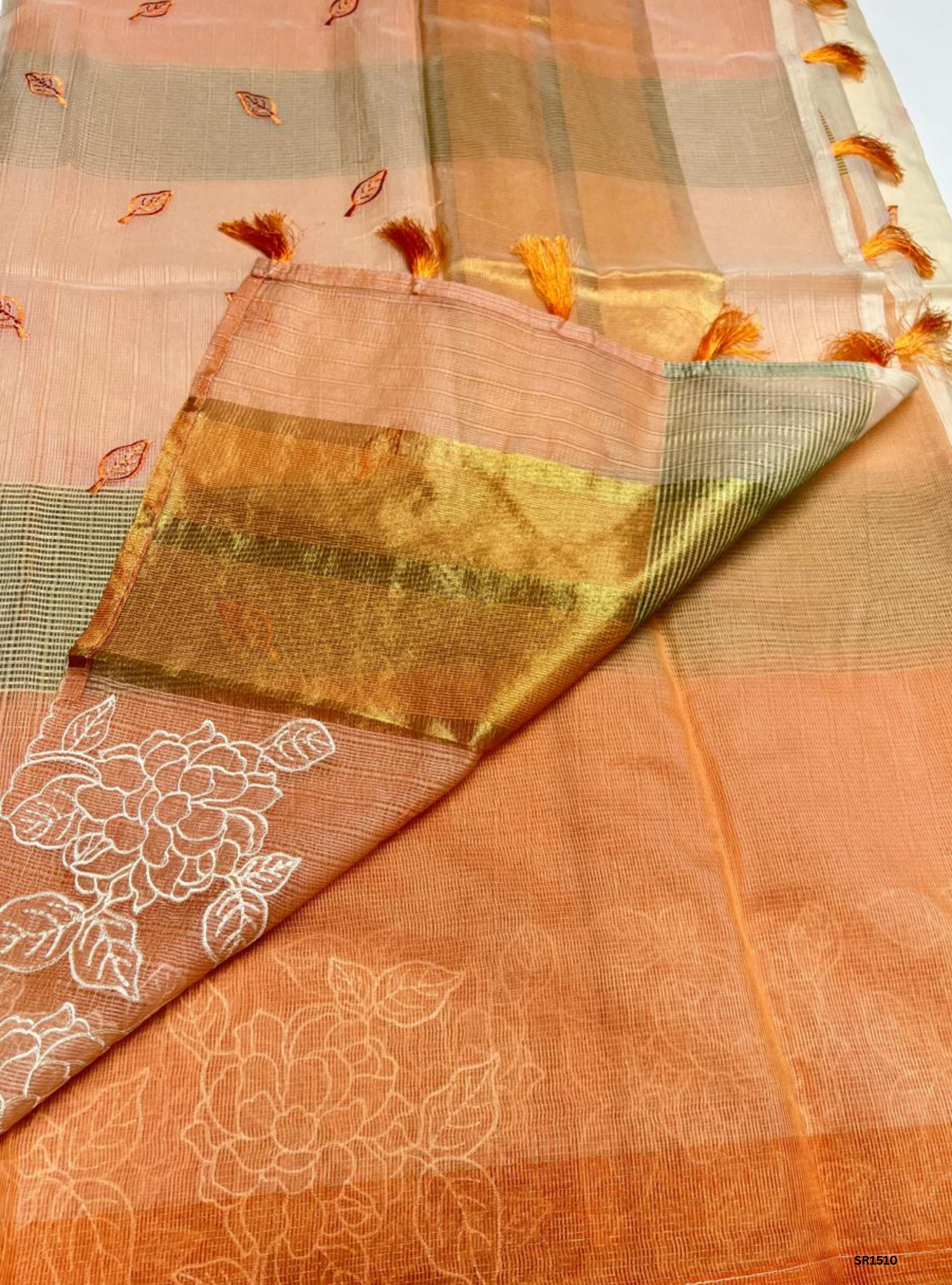 Cream & Orange - Kota Applique Work Saree