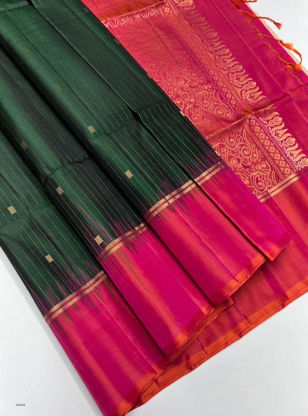 Bottle Green & Orangish Pink - Soft Silk Saree