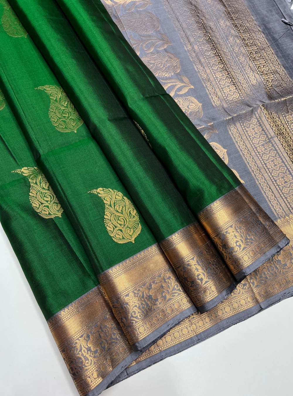Bottle Green & Grey - Soft Silk Saree