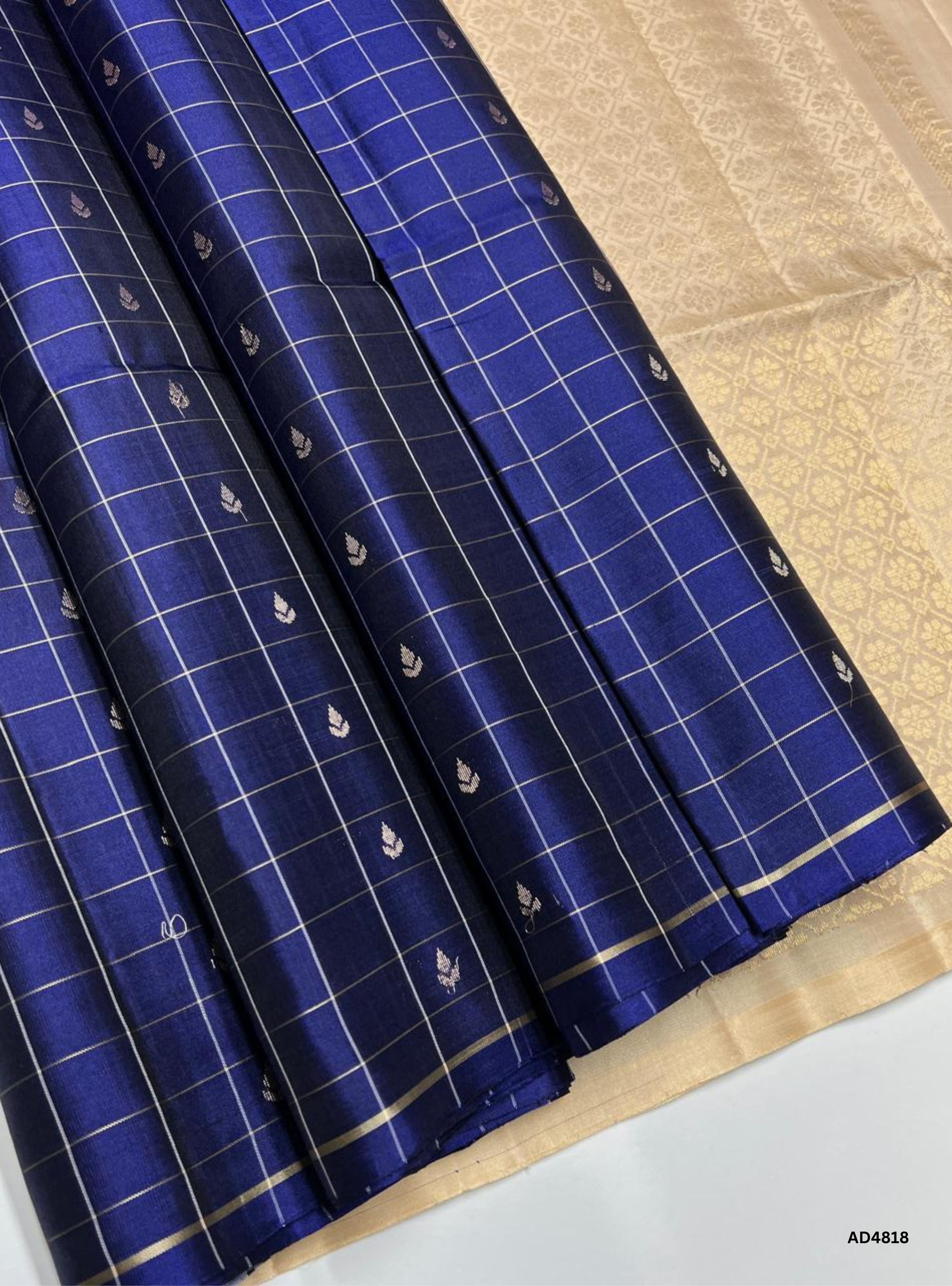 Navy Blue & Half White - Checkerd Soft Silk Saree