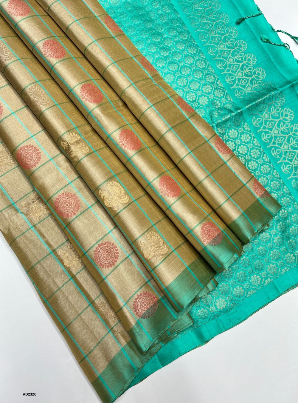 Beige & Aqua Blue - Soft Silk Saree