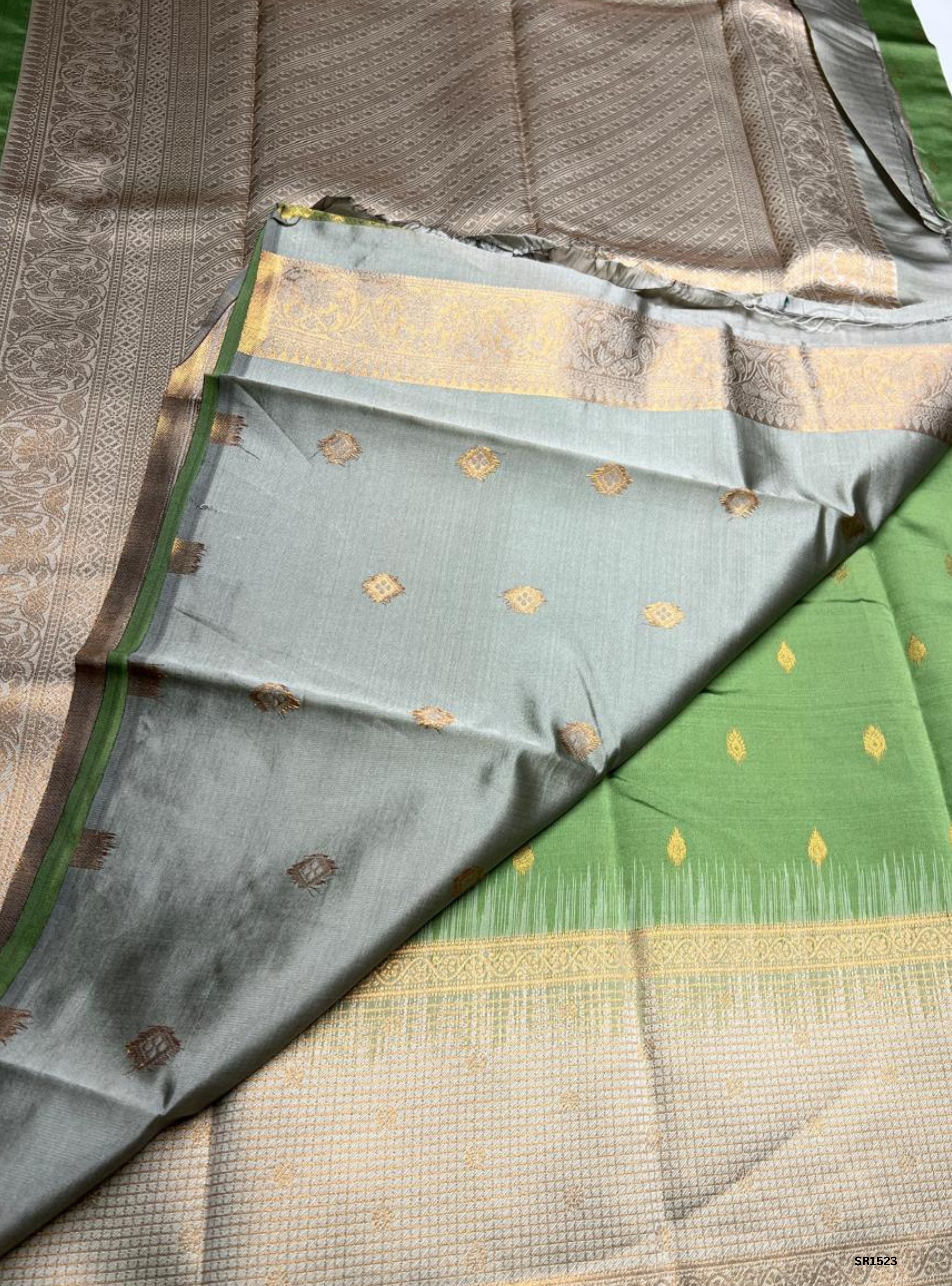 Apple Green & Cream - Semi Silk Saree