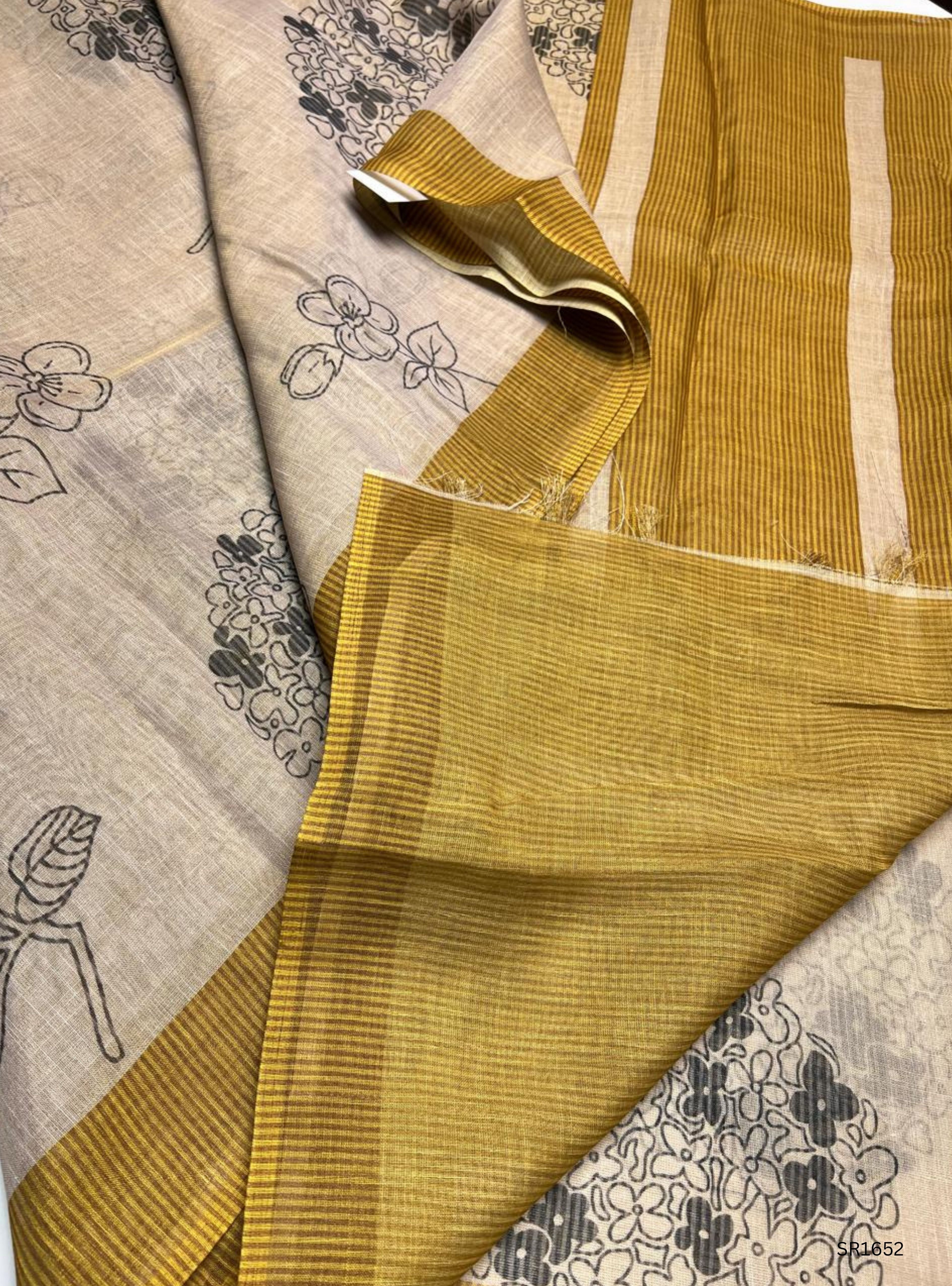 Cream & Golden Yellow - Linen Saree