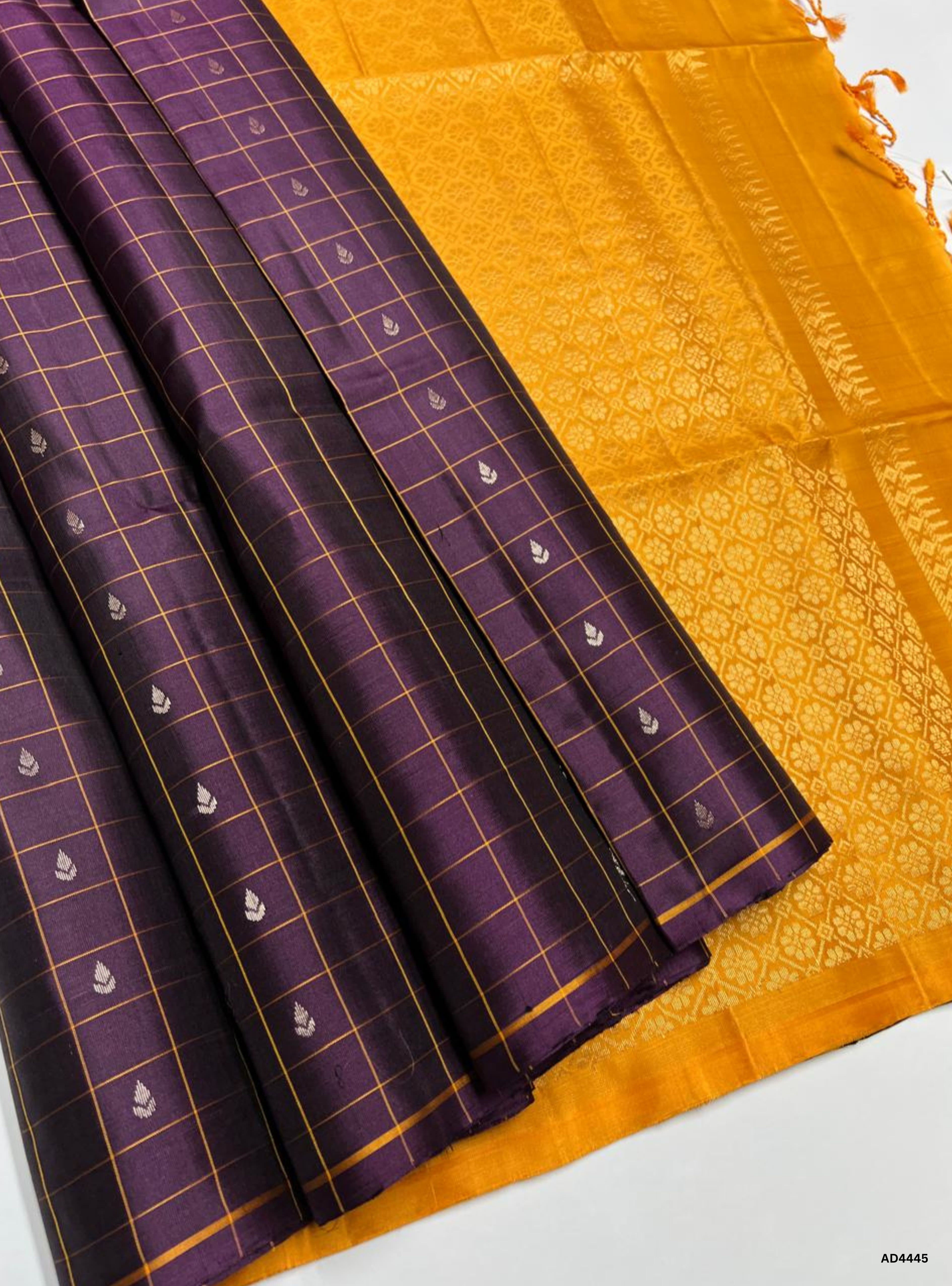 Plum & Mango Yellow - Checkerd Soft Silk Saree