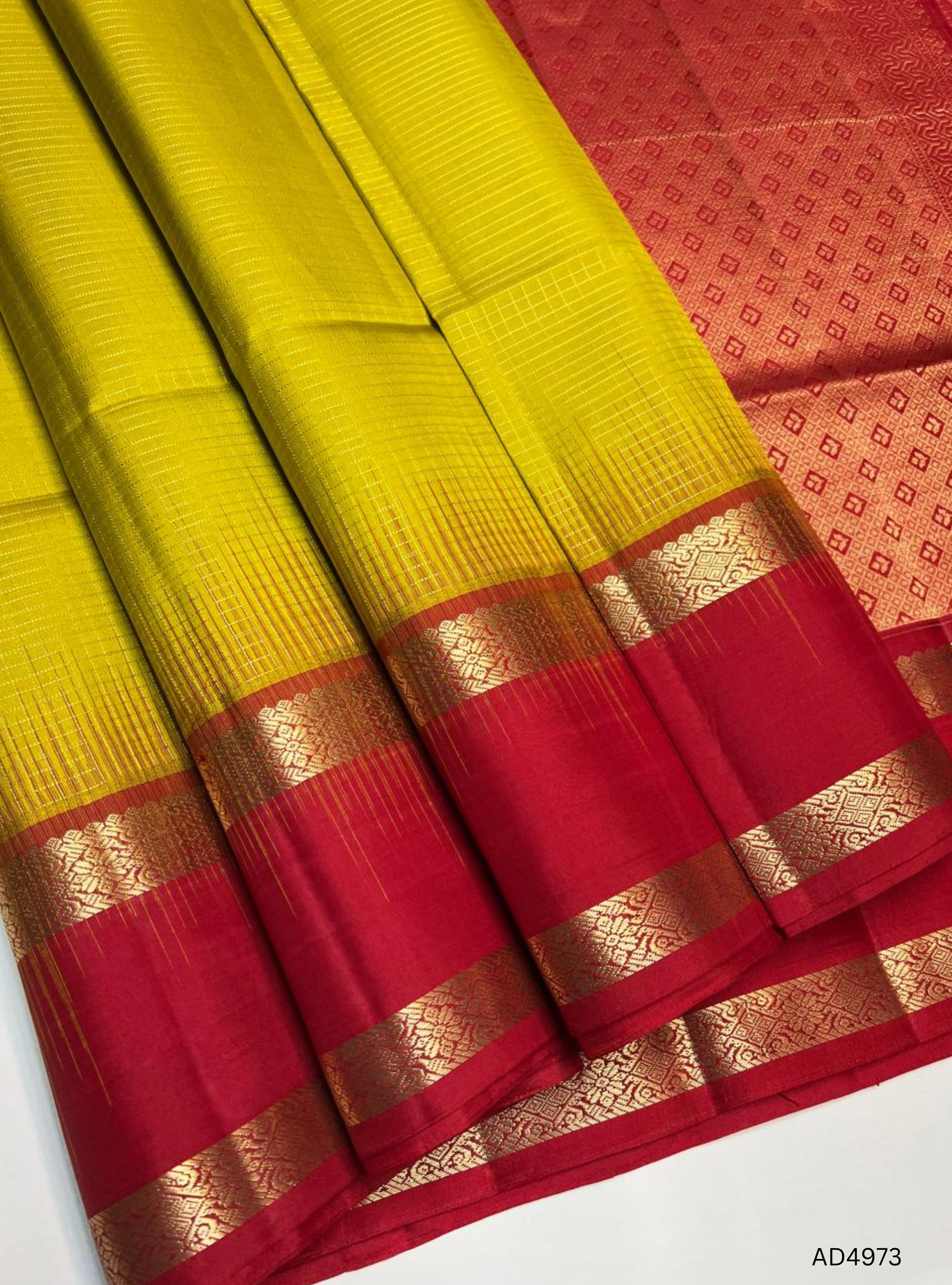 Lime Yellow & Red - Checkerd Retta Pet Soft Silk Saree