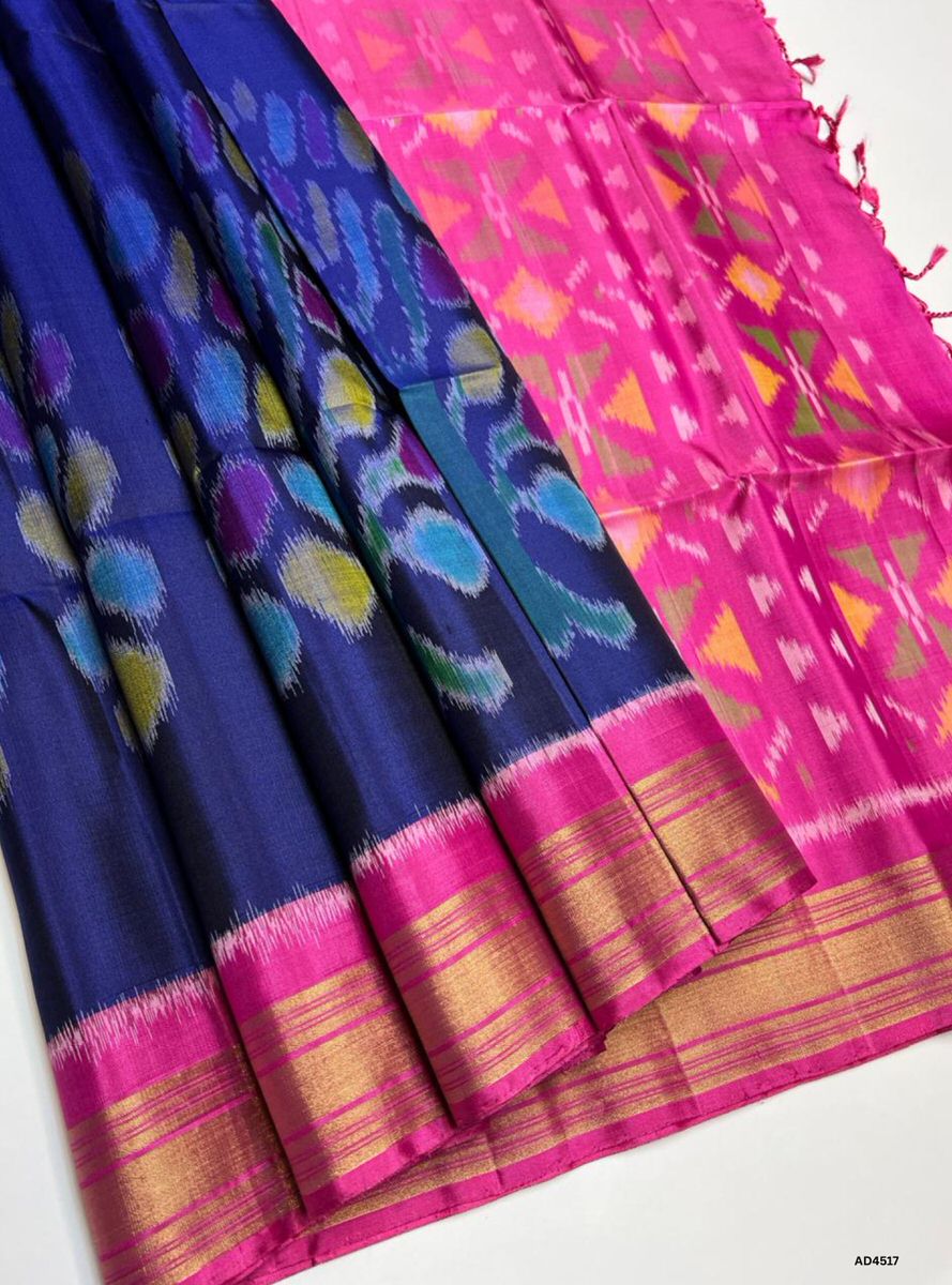 Navy Blue & Pink - Pochampally Soft Silk saree