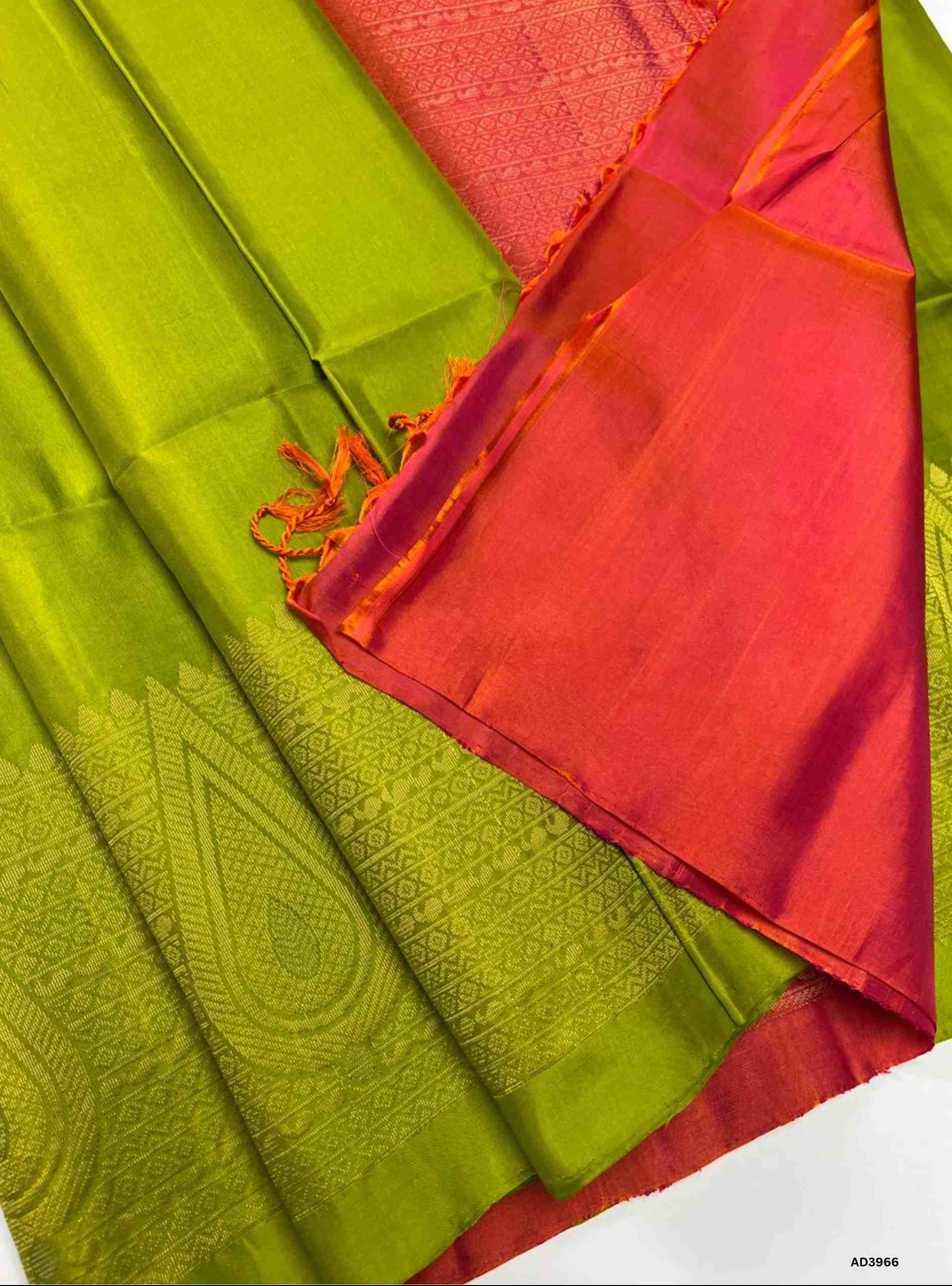 Lime Green & Rust Orange - Soft Silk Saree