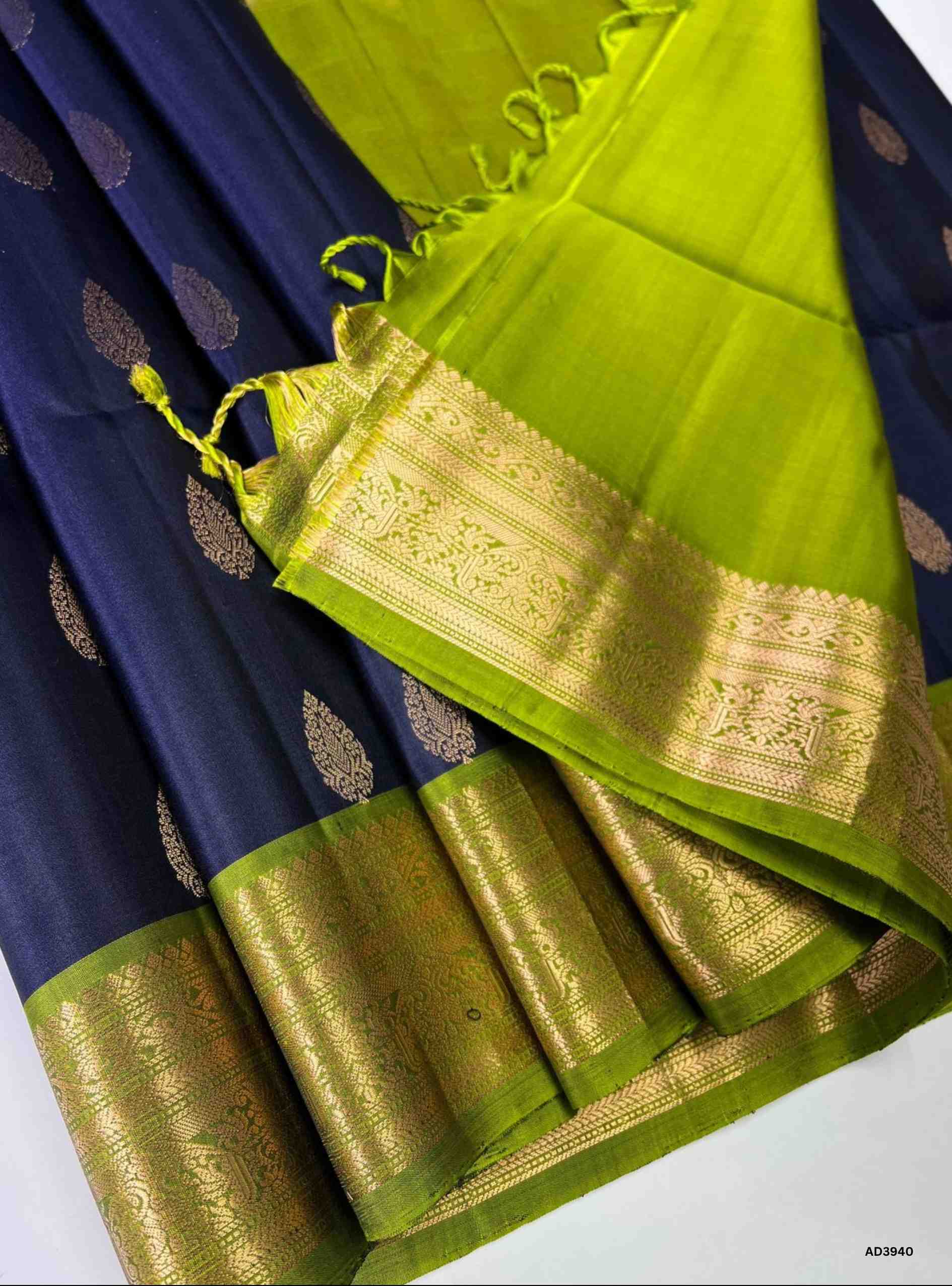 Navy Blue & Green - Kanchi Border Soft Silk Saree