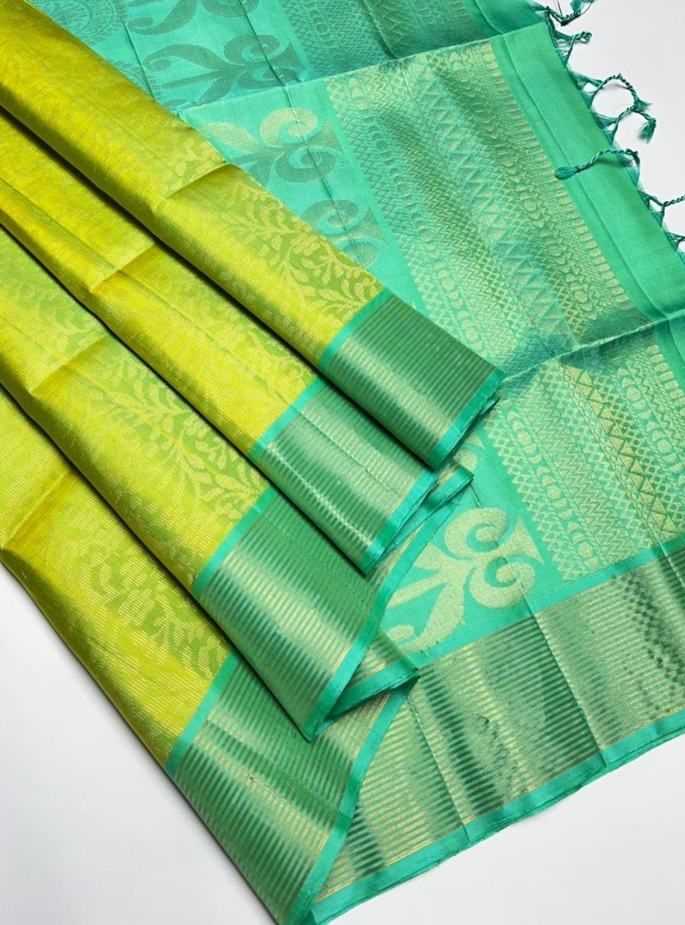 Lime Green & Turquoise - Soft Silk Saree