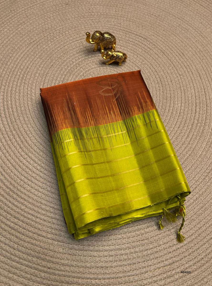 Rust & Lime Green - Fancy Border Soft Silk Saree