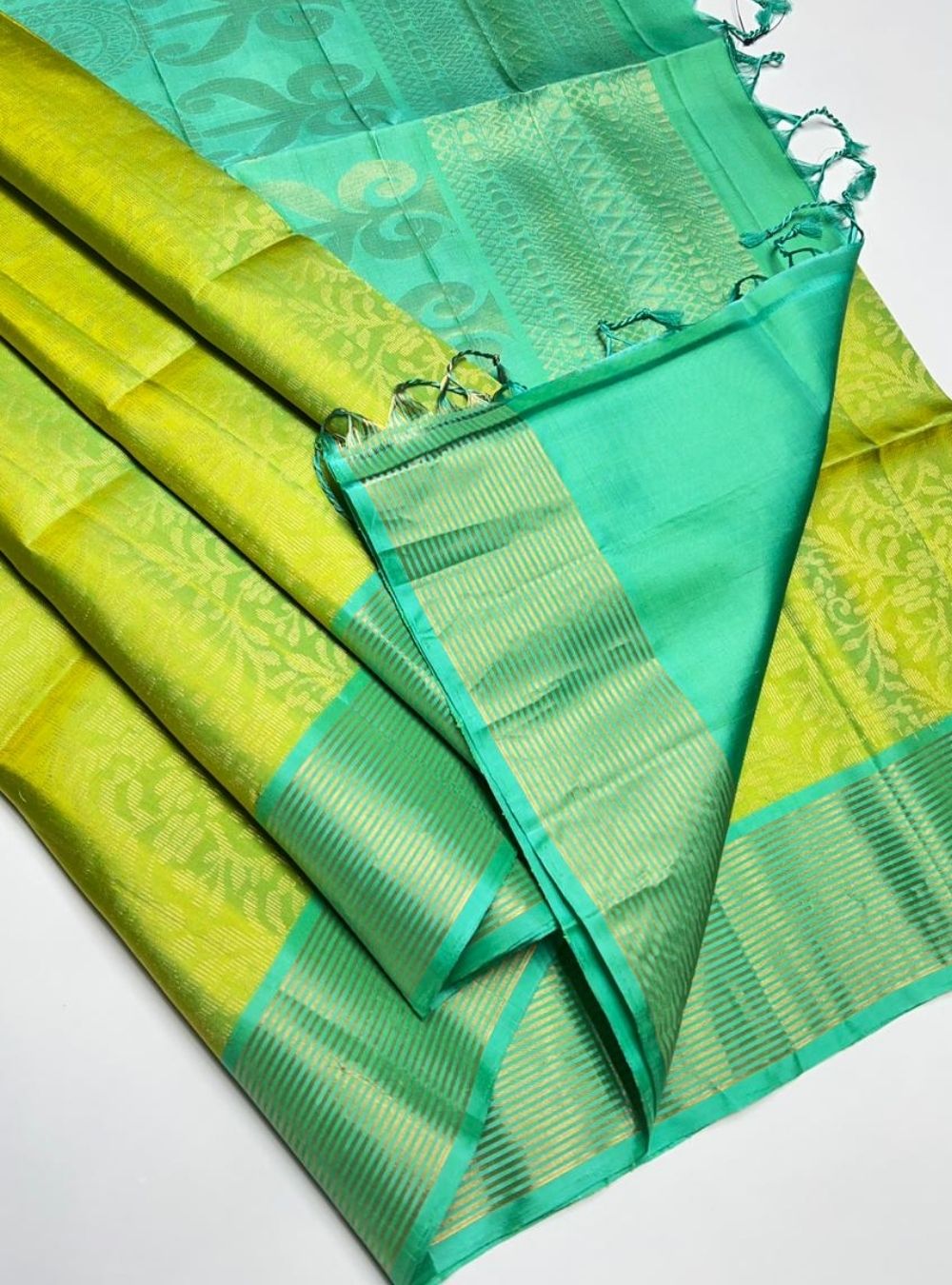 Lime Green & Turquoise - Soft Silk Saree