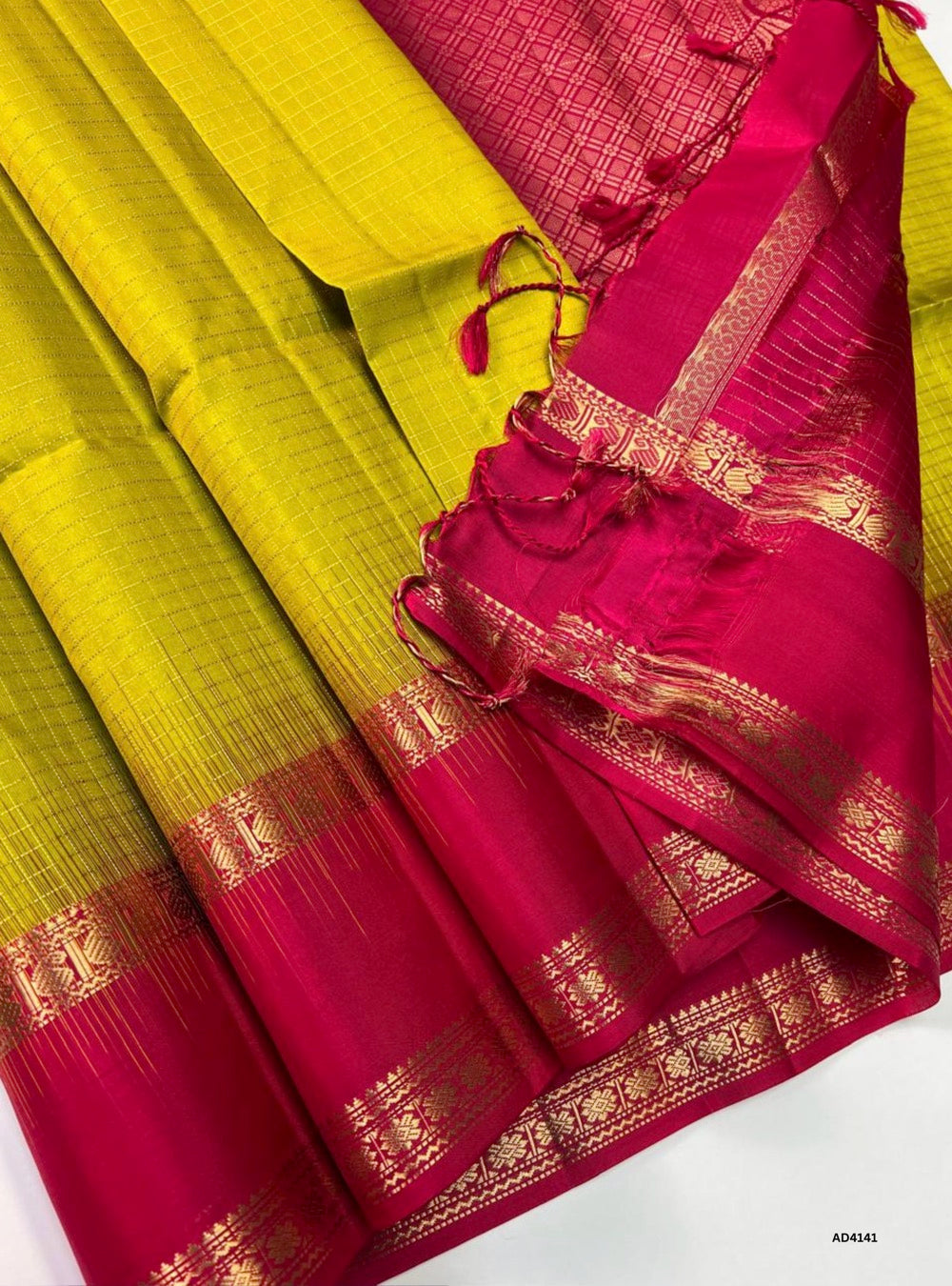 Golden Yellow & Rani Pink - Checkered Retta Pet Saree