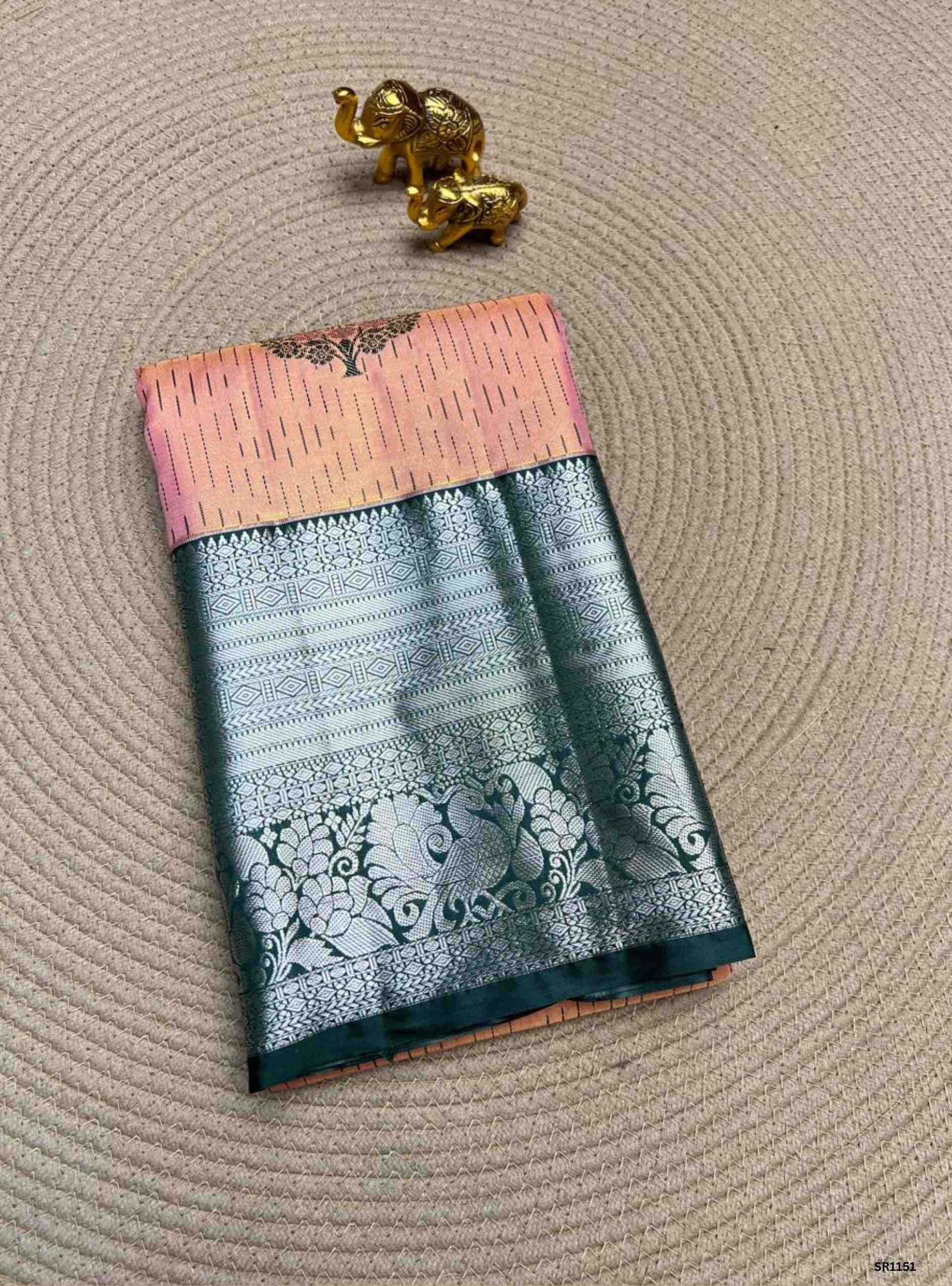 Peach & Green - Semi Silk Saree