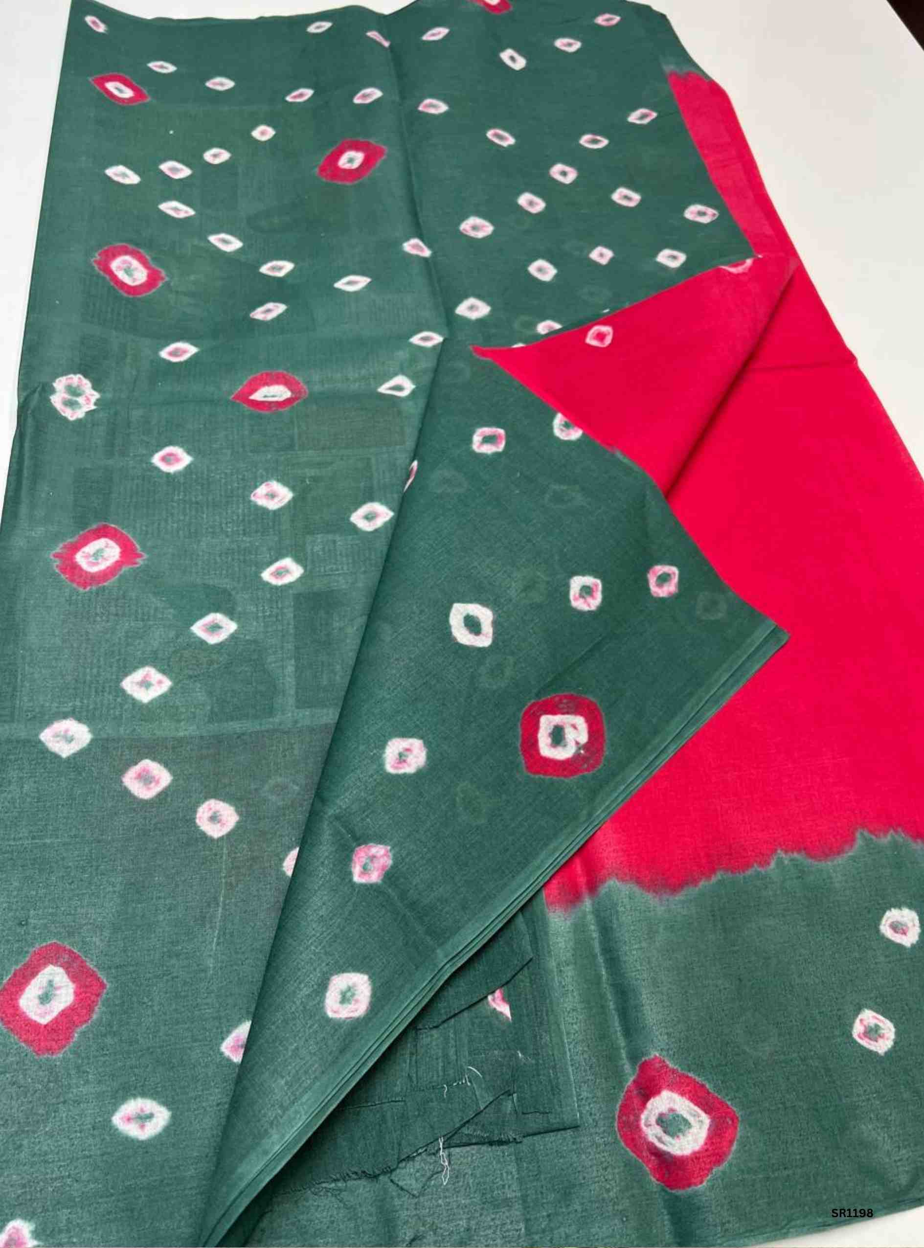 Pink & Emerald Green - Bandhini Cotton Saree