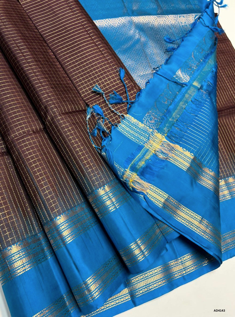 Coffee Brown & Rama Blue - Checkered Retta Pet Saree