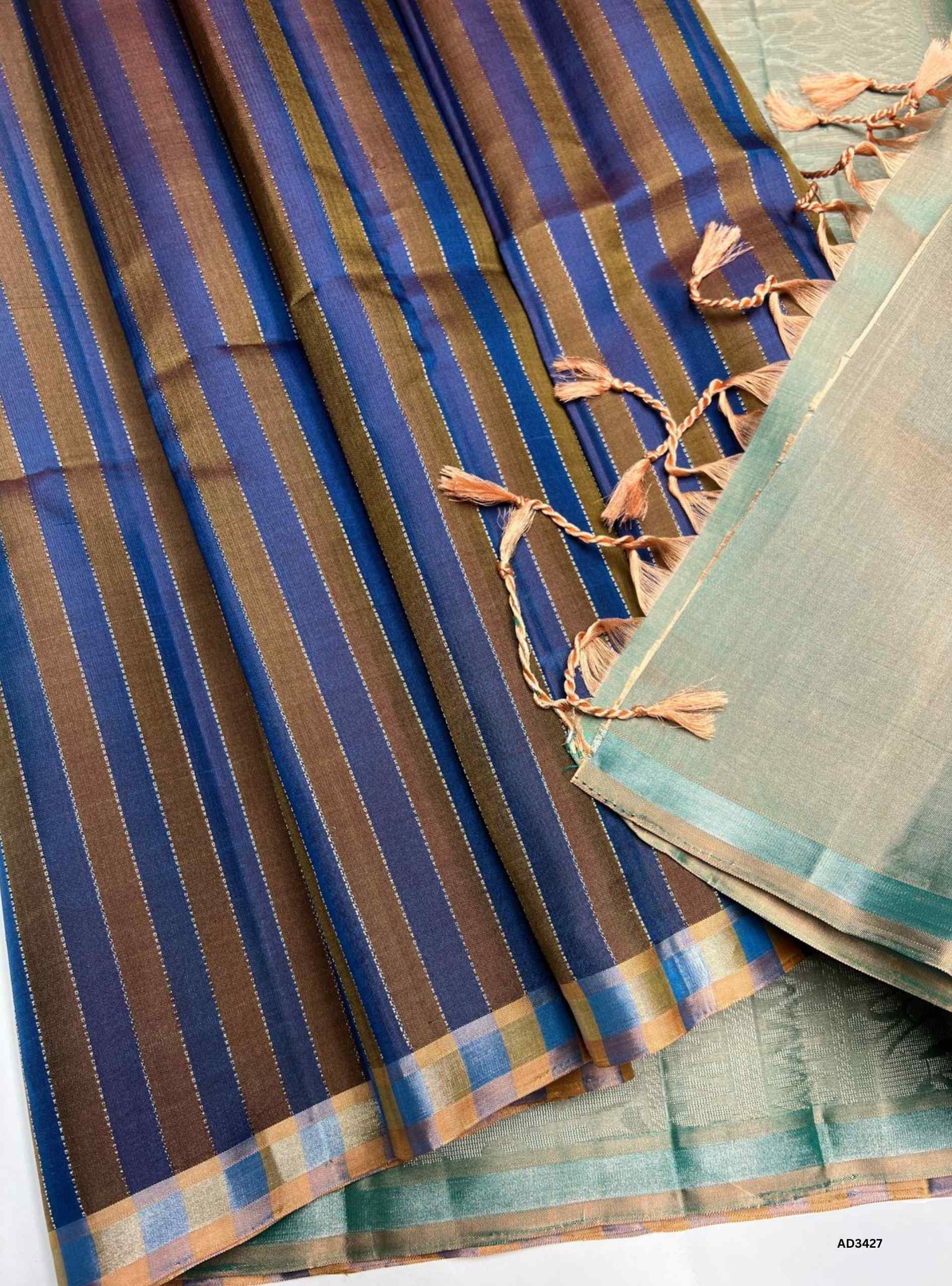 Blue & Pastel Green - Soft Silk Saree
