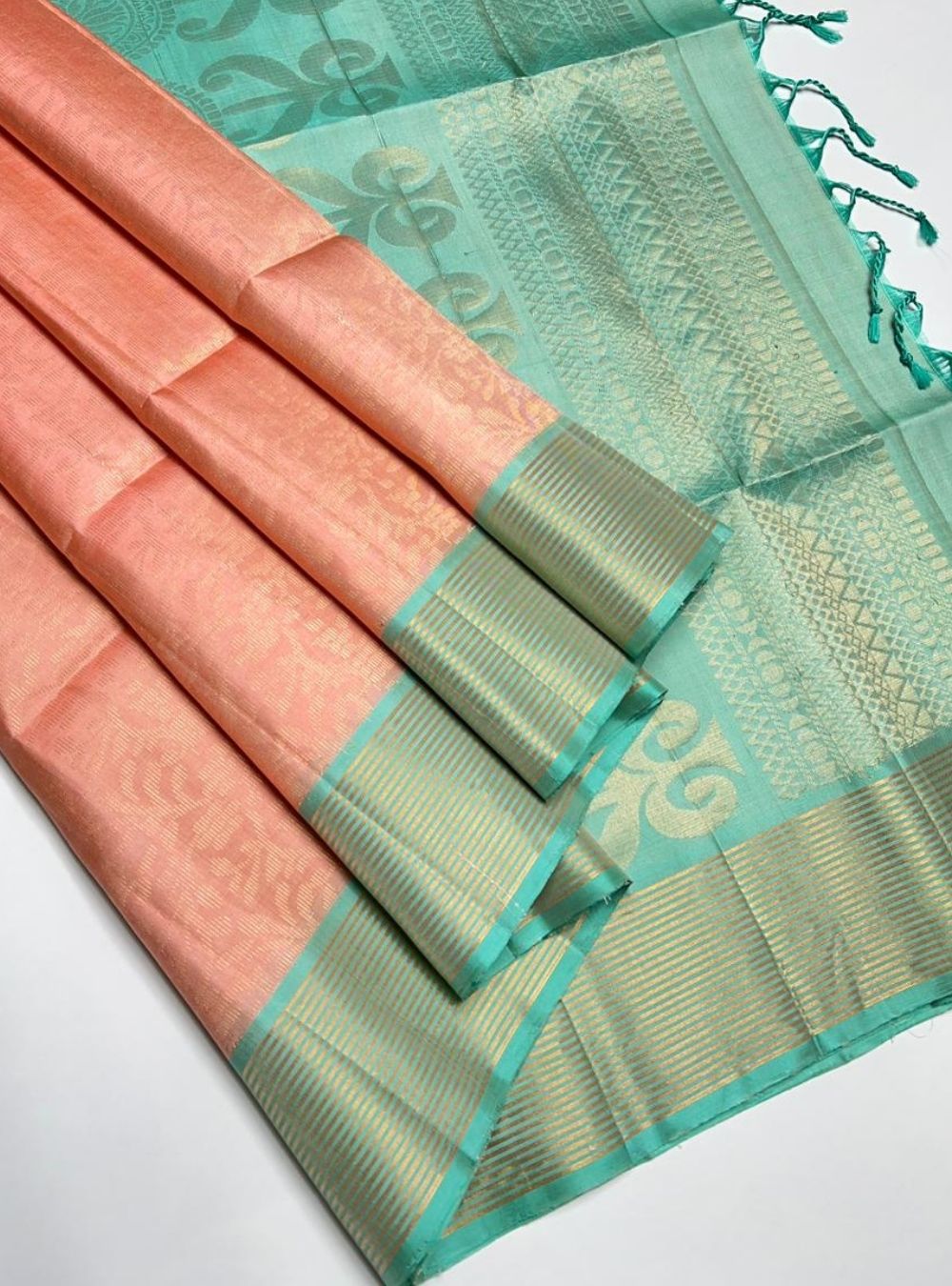 Peach & Seafoam Green - Soft Silk Saree